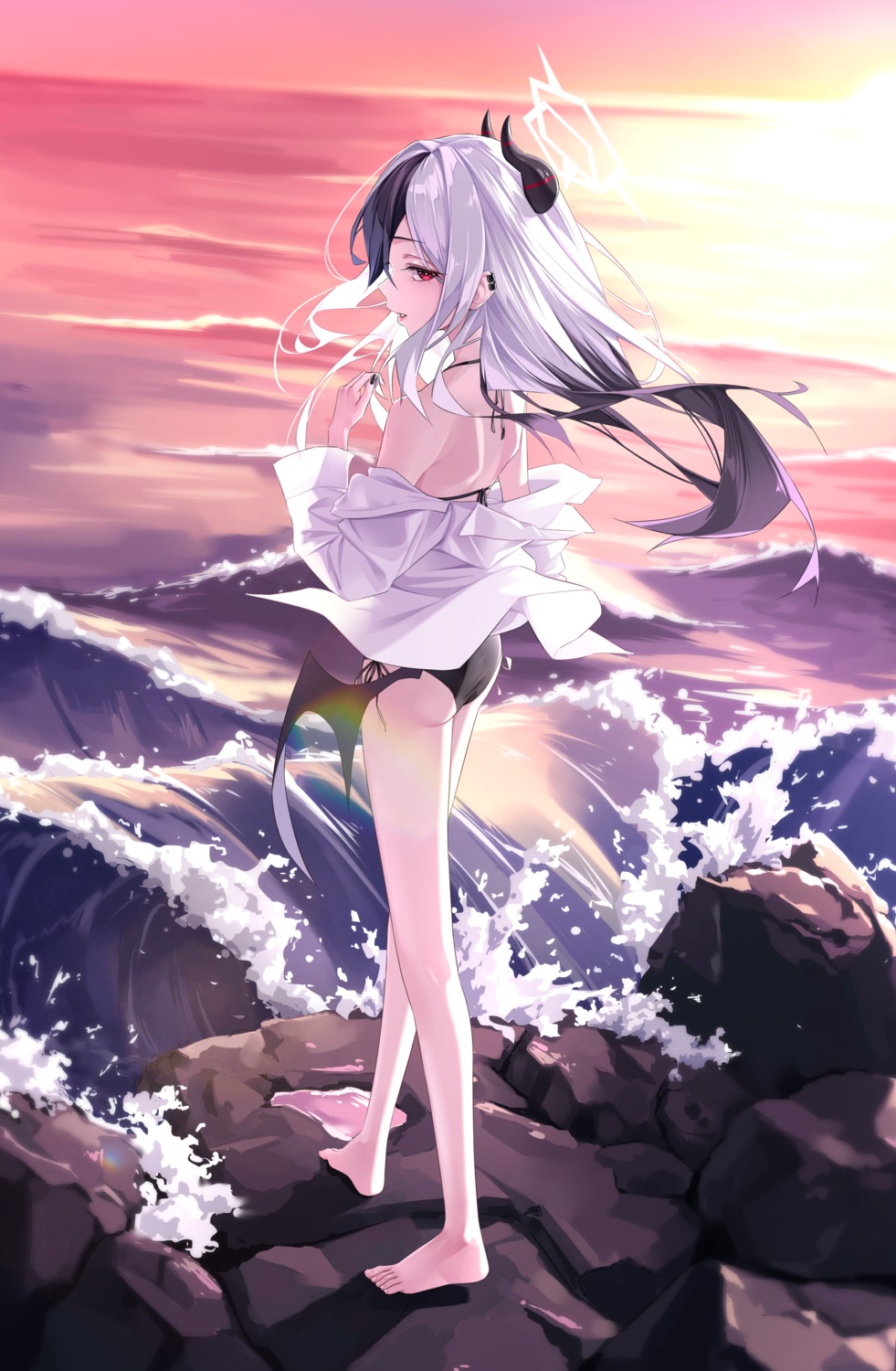 ass, bikini, blue_archive, devil, halo, horns, ly_7317, onikata_kayoko, open_shirt, swimsuits, wings