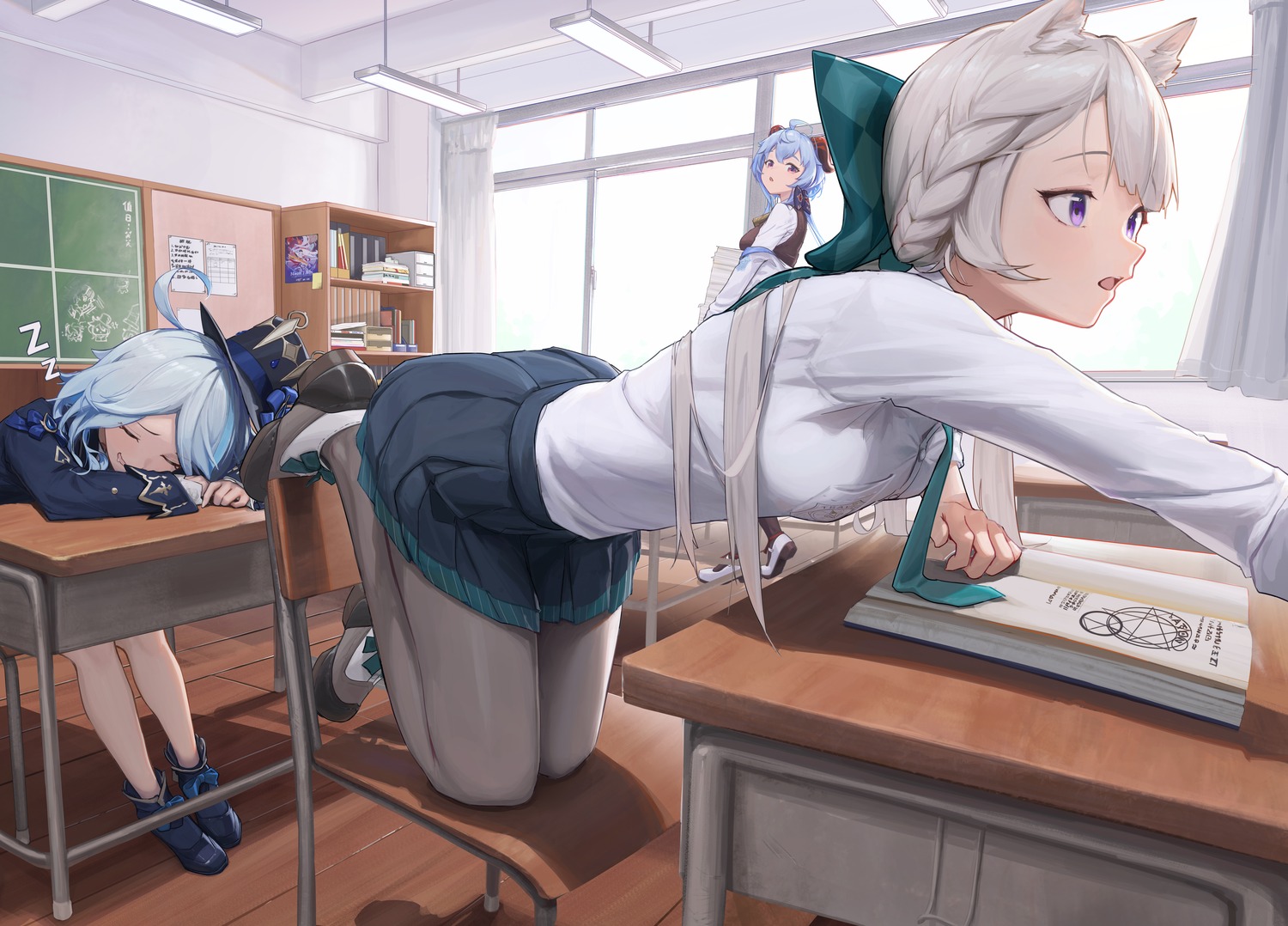 animal_ears, aton_(user_kufr5245), furina, ganyu, genshin_impact, horns, lynette, nekomimi, pantyhose, seifuku