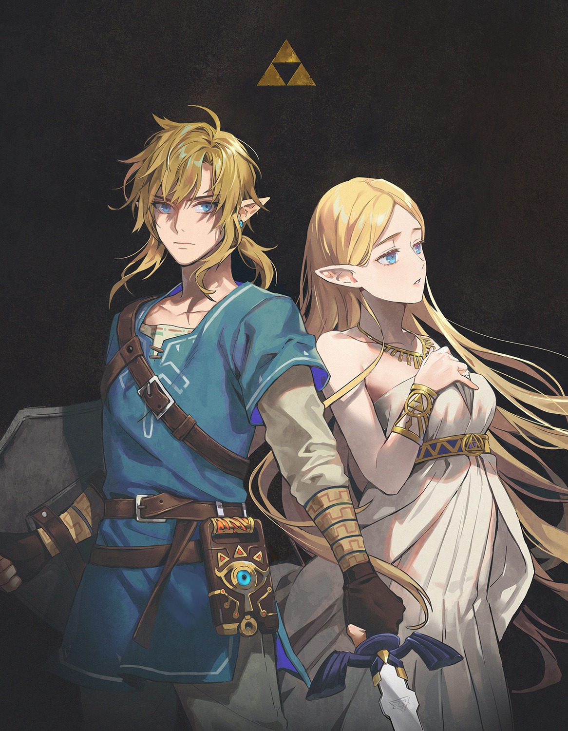 dress, link, lino_chang, pointy_ears, princess_zelda, sword, the_legend_of_zelda, the_legend_of_zelda:_breath_of_the_wild