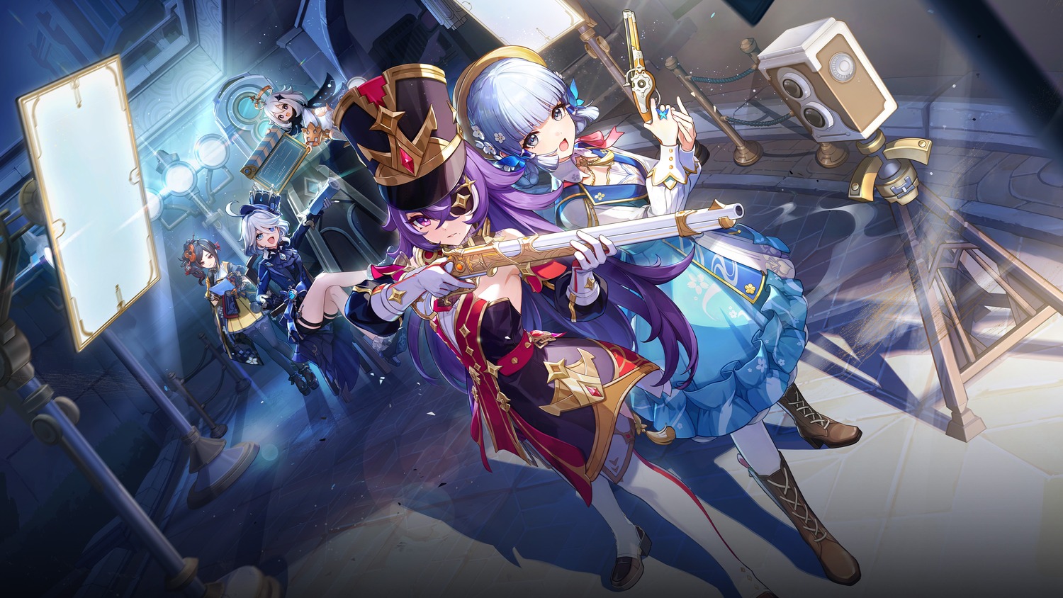 chevreuse, chiori, dress, eyepatch, furina, garter, genshin_impact, gun, heels, heterochromia, japanese_clothes, kamisato_ayaka, paimon, pantyhose, tagme, uniform, wallpaper