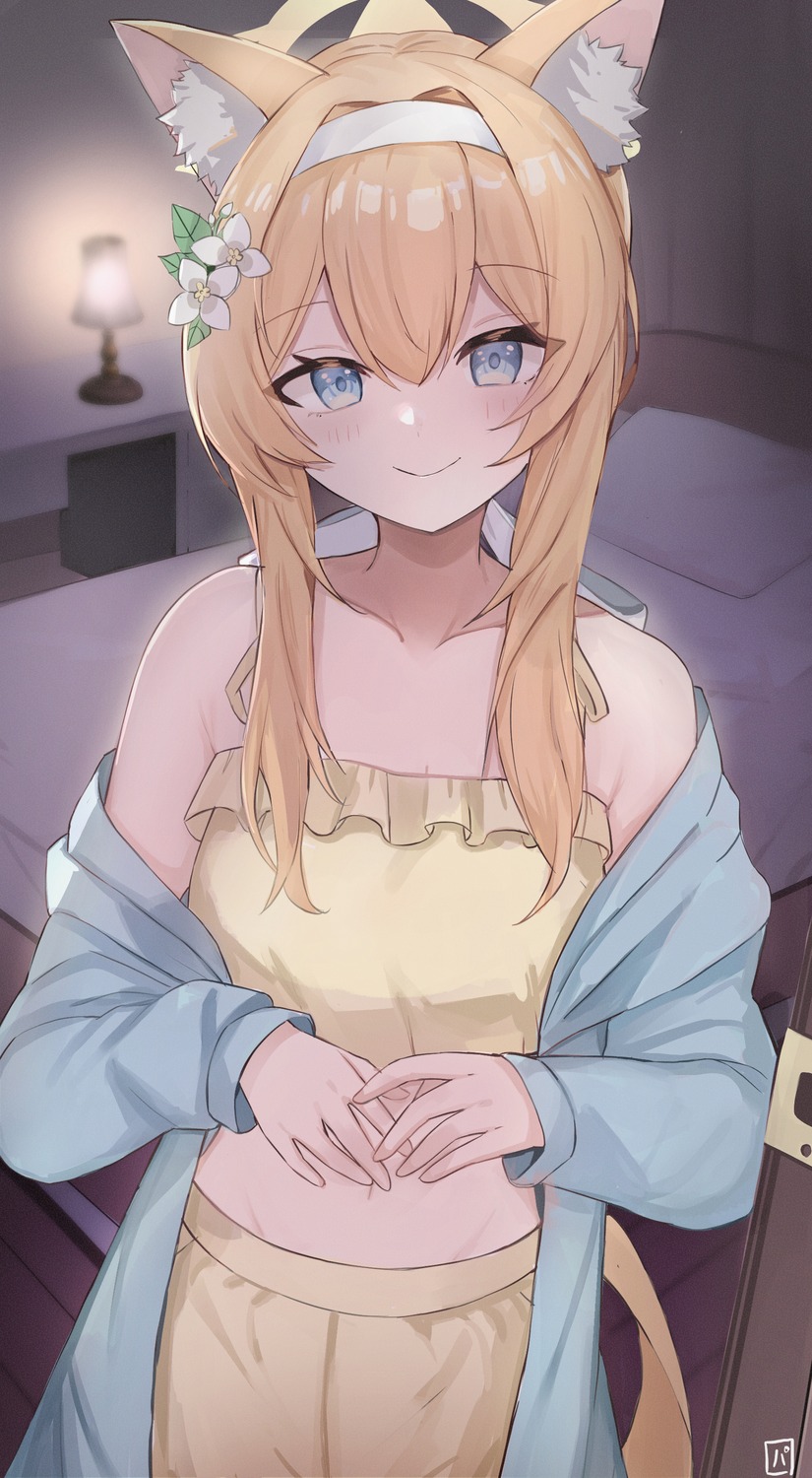 animal_ears, blue_archive, halo, iochi_mari, nekomimi, pajama, pineapple_(pine)