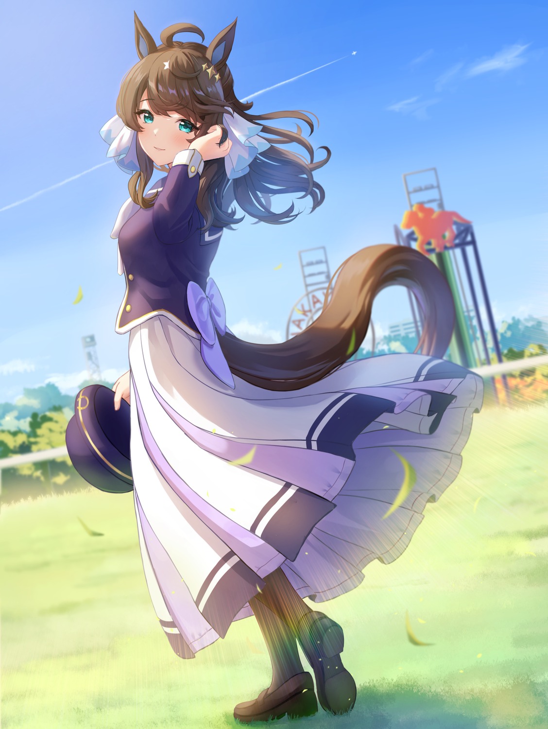 animal_ears, daring_tact_(umamusume), kashmir_0808, pantyhose, seifuku, skirt_lift, tail, uma_musume_pretty_derby