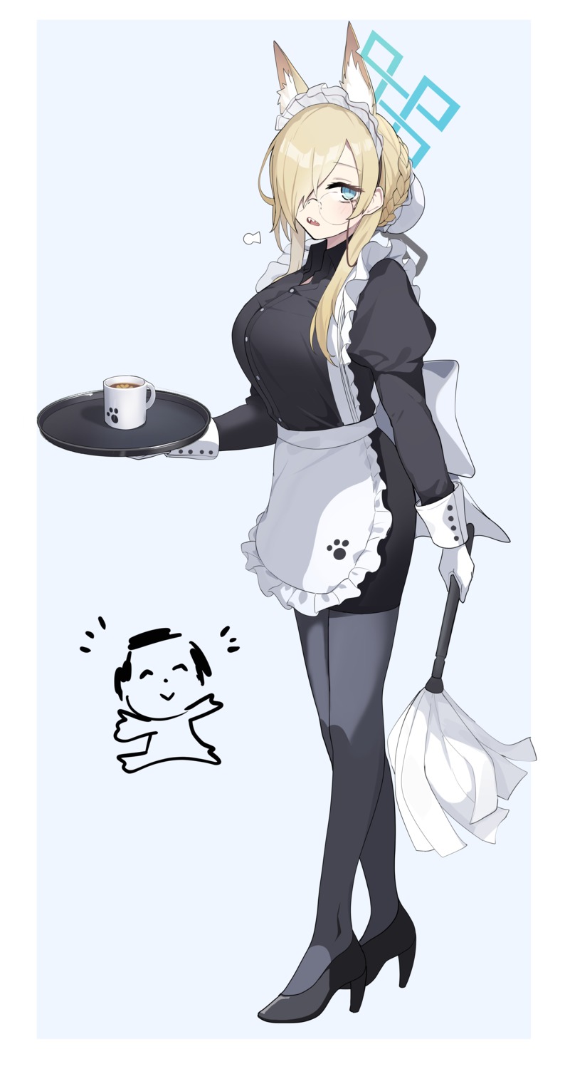 animal_ears, blue_archive, halo, heels, inapple, inumimi, maid, megane, ogata_kanna_(blue_archive), pantyhose, waitress