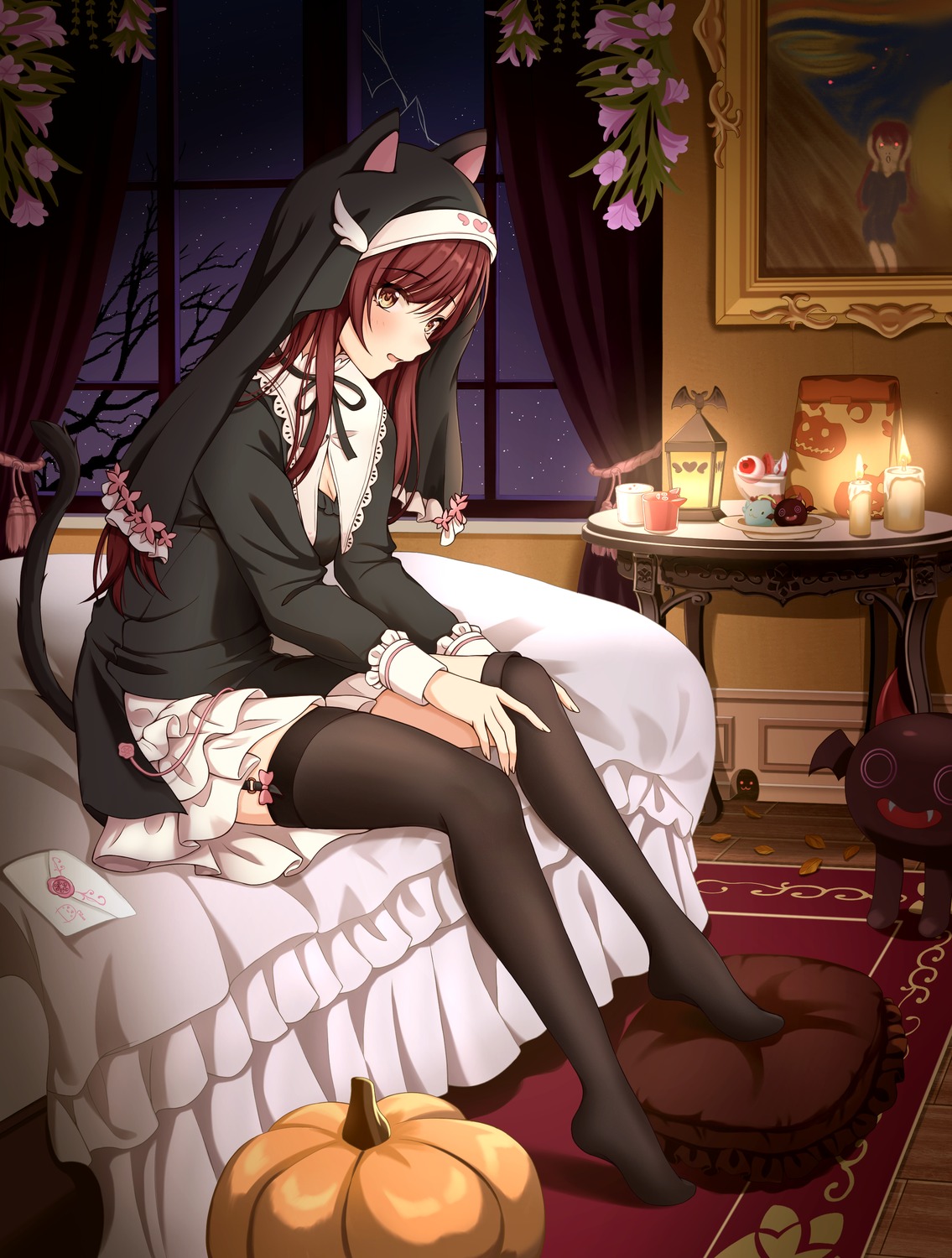 animal_ears, halloween, nekomimi, nun, oosaki_amana, sorugi_park, stockings, tail, the_idolm@ster, the_idolm@ster_shiny_colors, thighhighs, undressing