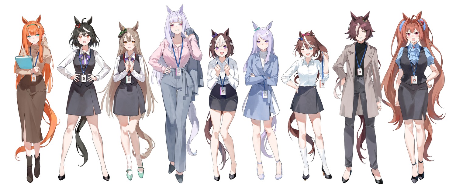 animal_ears, business_suit, daiwa_scarlet_(umamusume), dress_shirt, emyo, gold_ship_(umamusume), heels, kitasan_black_(umamusume)