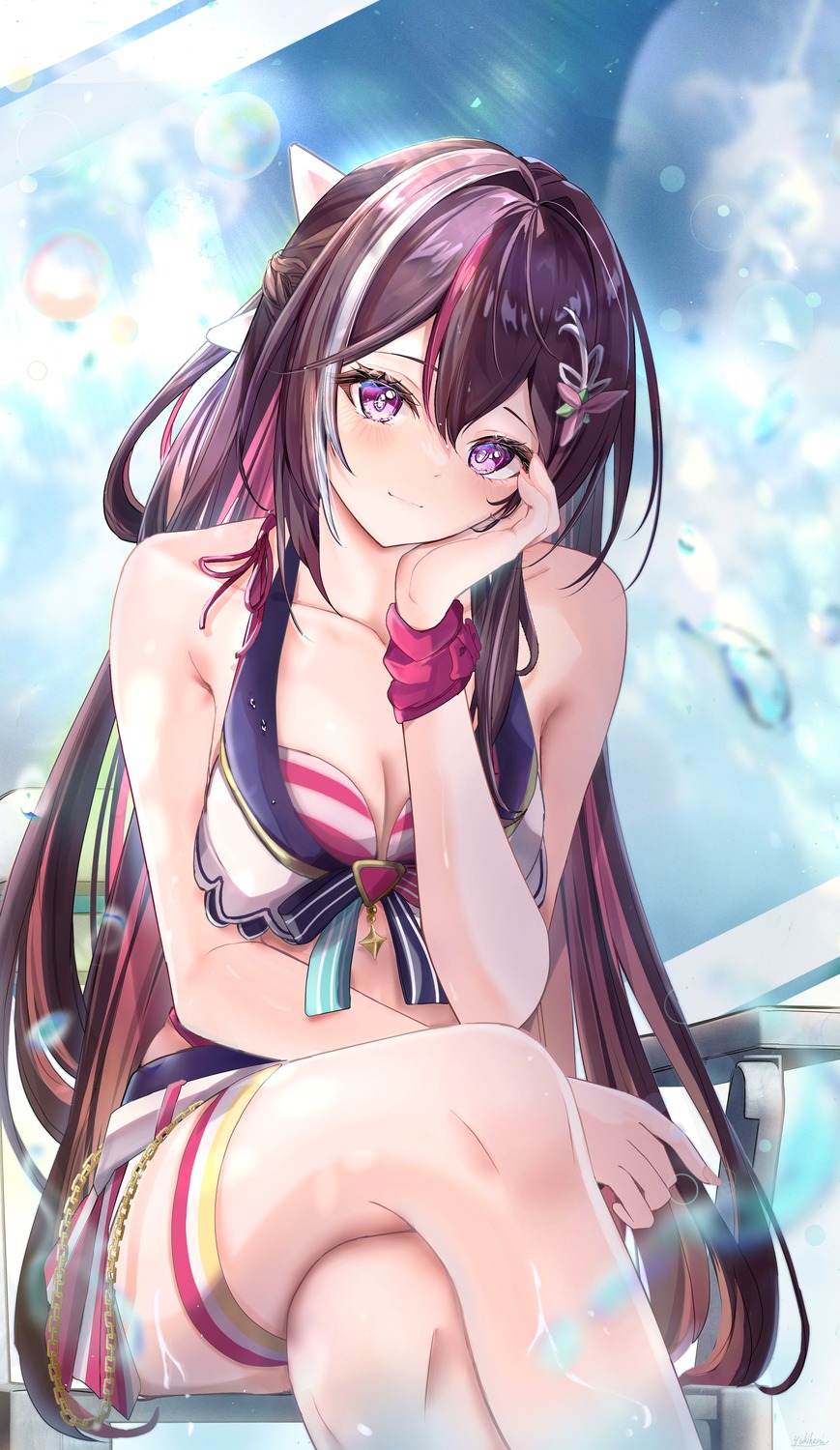 azki_(hololive), bikini_top, cleavage, garter, hololive, swimsuits, wet, yuki_haru
