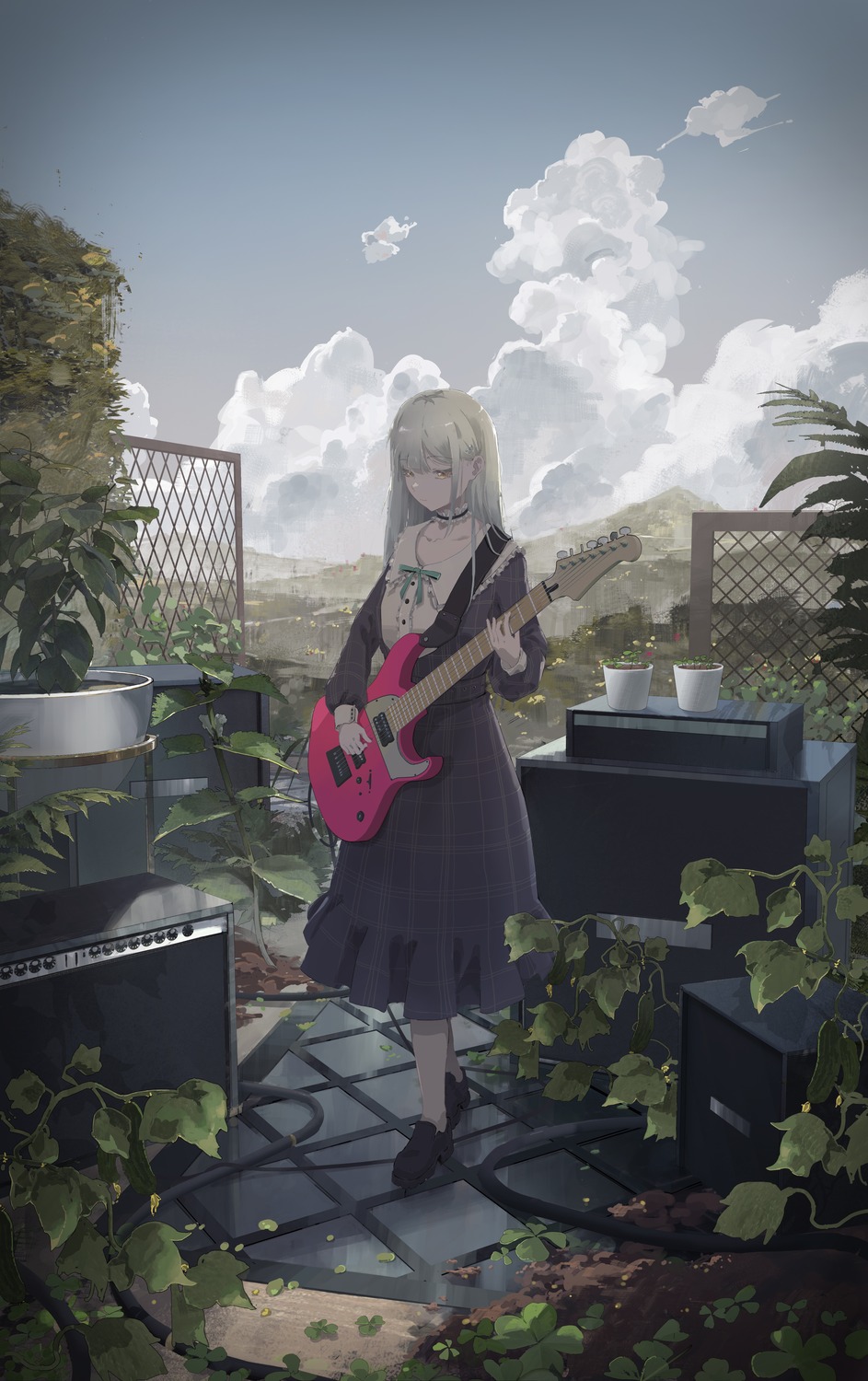 bang_dream!, bang_dream!_ave_mujica, dress, guitar, landscape, pantyhose, rotarran, wakaba_mutsumi