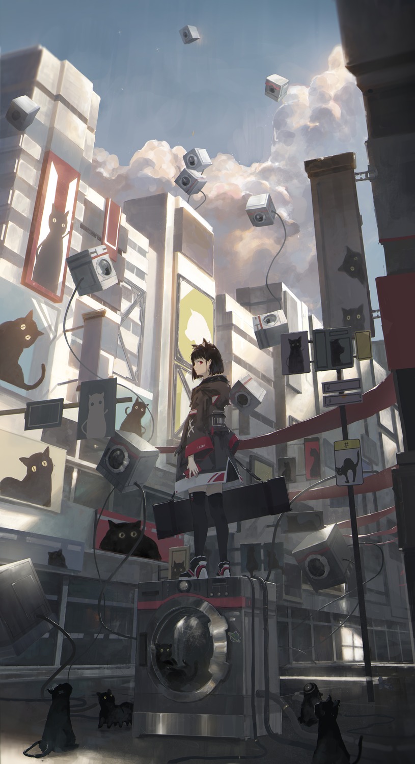 animal_ears, landscape, neko, nekomimi, rotarran, thighhighs