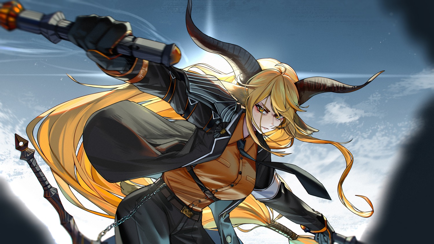 animal_ears, arknights, degenbrecher_(arknights), horns, kourou_(kouroukun), sword, uniform, wallpaper