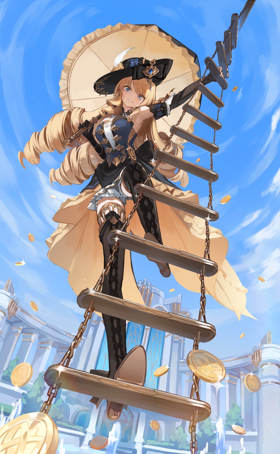 bloomers, genshin_impact, heels, navia, seorang, skirt_lift, thighhighs, umbrella