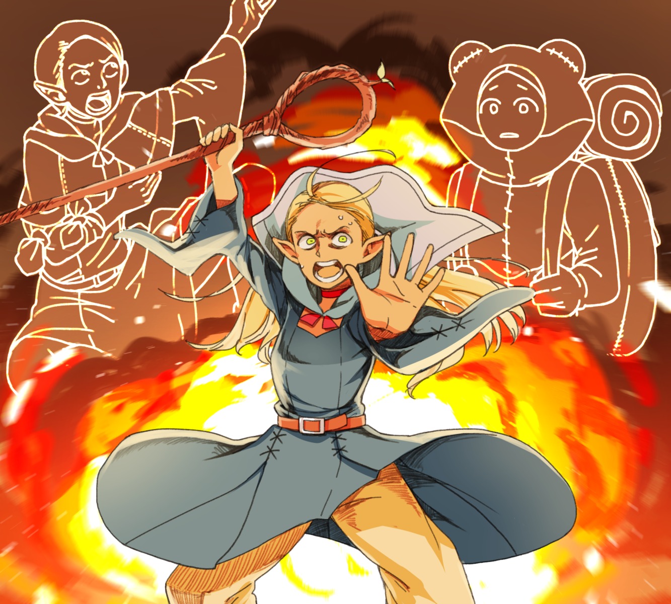 dungeon_meshi, elf, line_art, marcille_donato, mochi_(mochi444420), pointy_ears, skirt_lift, weapon