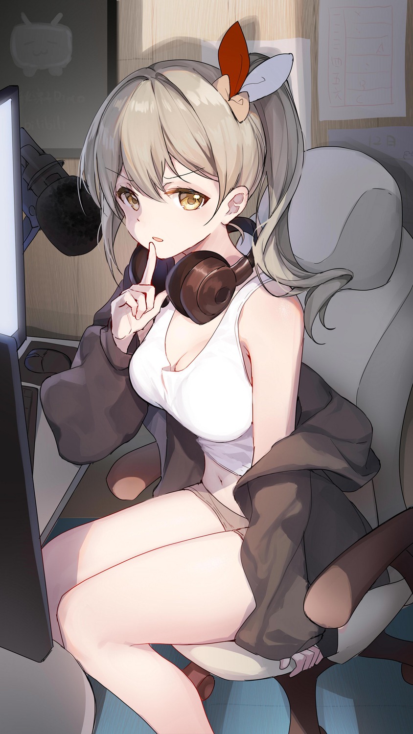 bison_cangshu, cleavage, headphones