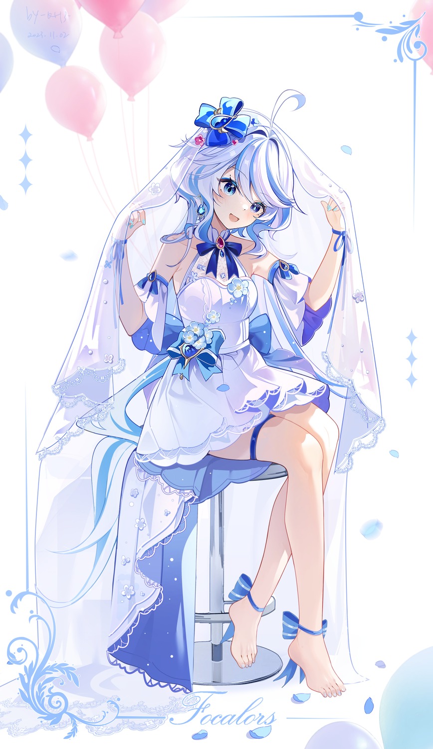 dress, furina, garter, genshin_impact, heterochromia, miaogujun, wedding_dress