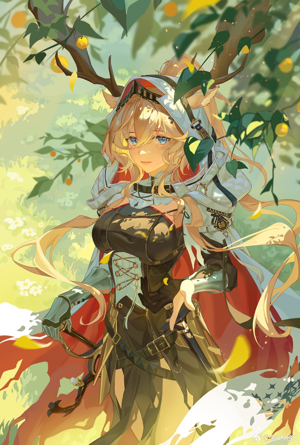 animal_ears, arknights, armor, dress, horns, pantyhose, sanmu, sword, torn_clothes, viviana_droste