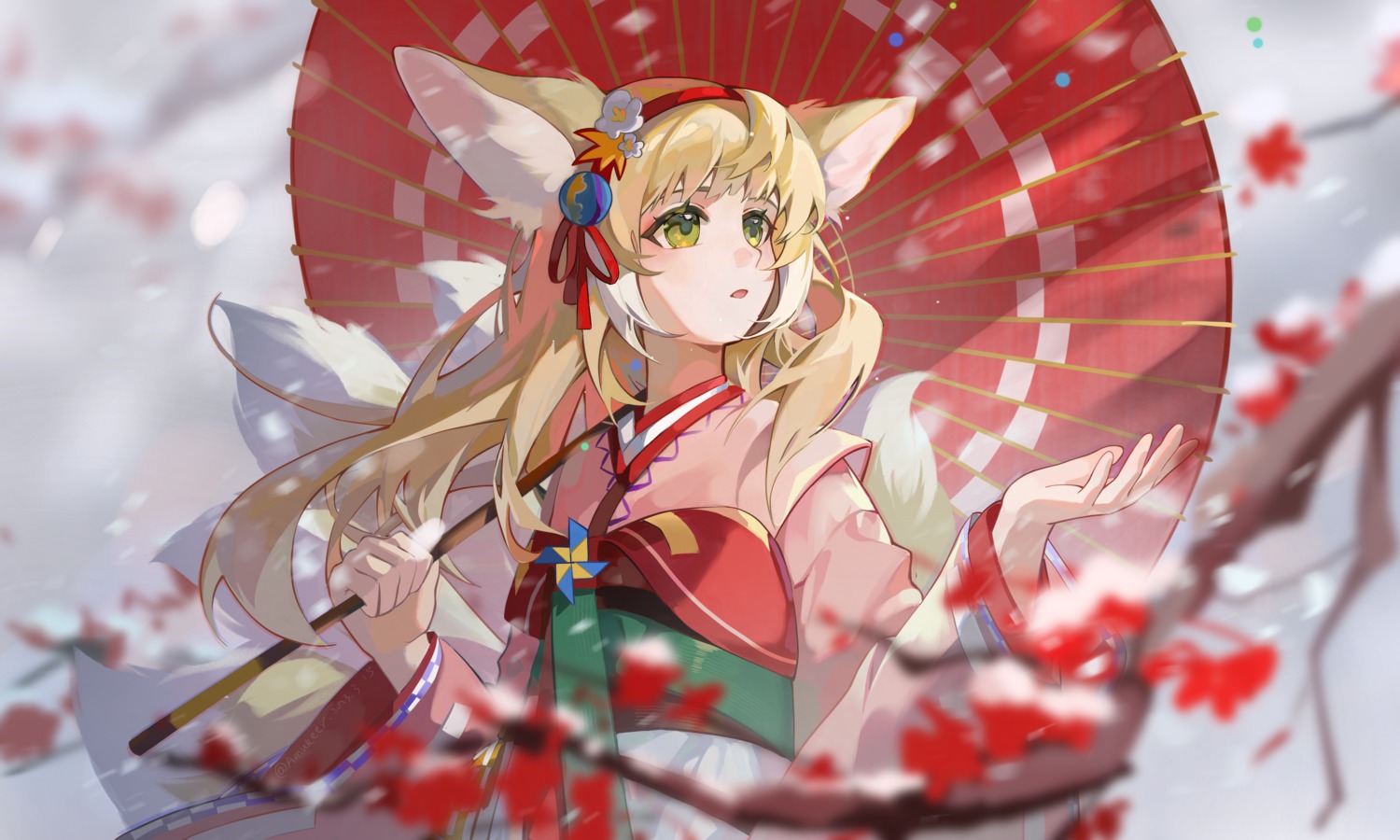amukeer, animal_ears, arknights, kimono, kitsune, suzuran_(arknights), tail, umbrella
