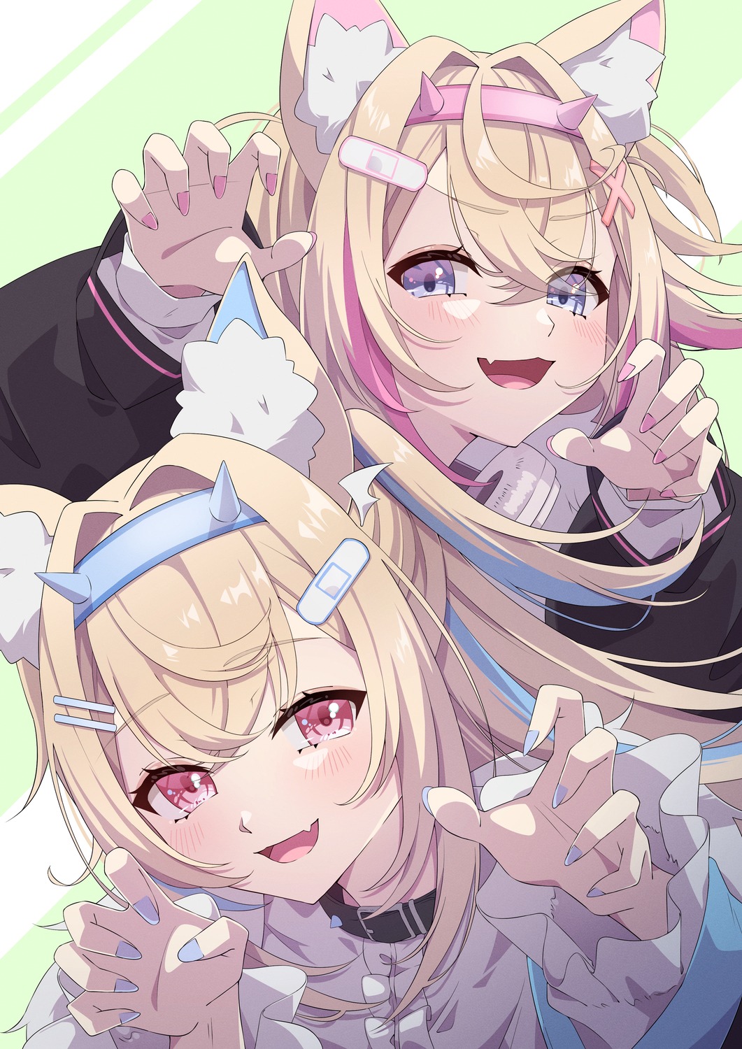 akashi_(4kc_27), animal_ears, bandaid, fuwawa_abyssgard, hololive, hololive_english, horns, inumimi, mococo_abyssgard
