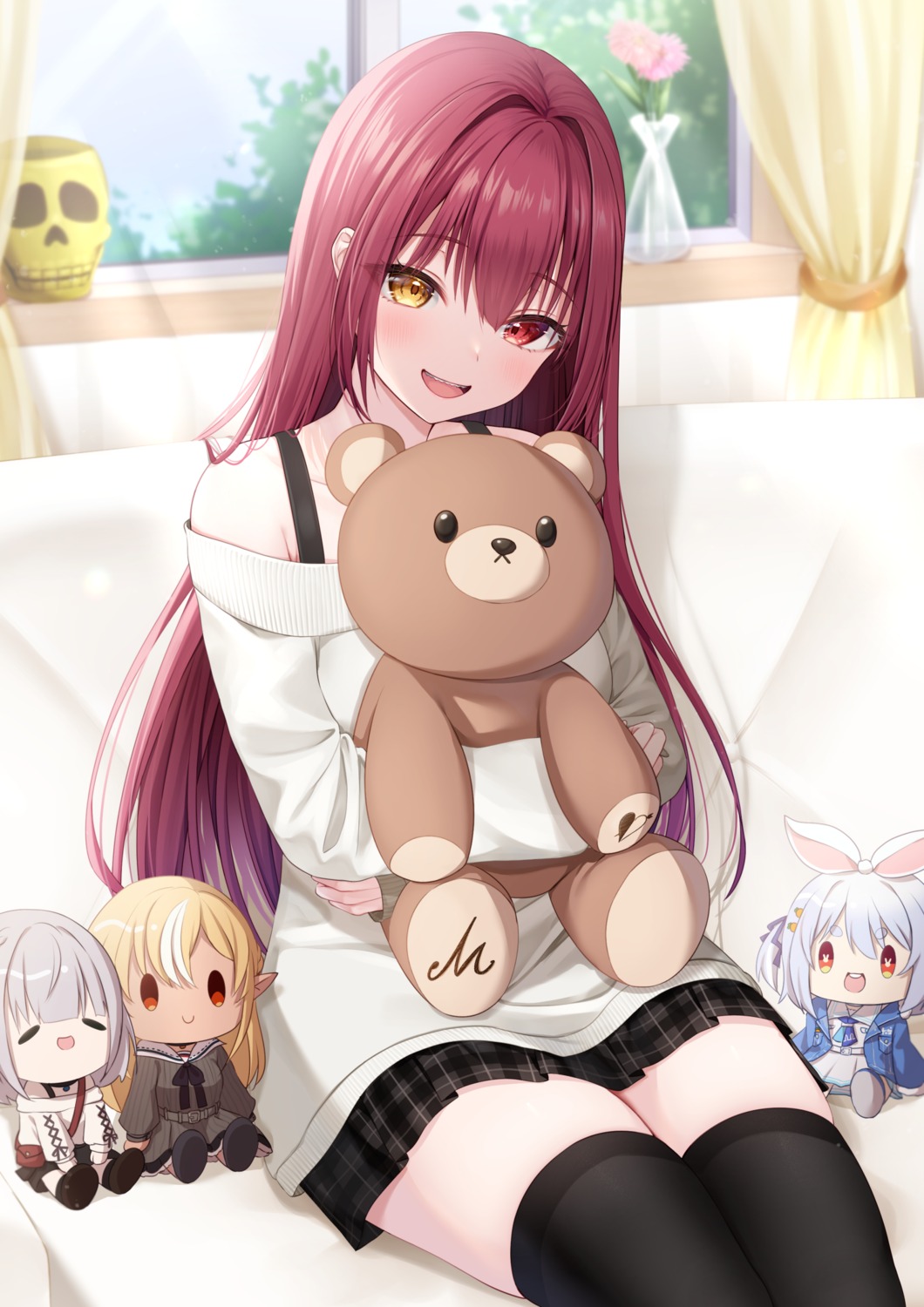 animal_ears, bunny_ears, chibi, elf, heterochromia, hololive, houshou_marine, nagura_shiro, pointy_ears, seifuku, shiranui_flare, shirogane_noel, sweater, thighhighs, usada_pekora