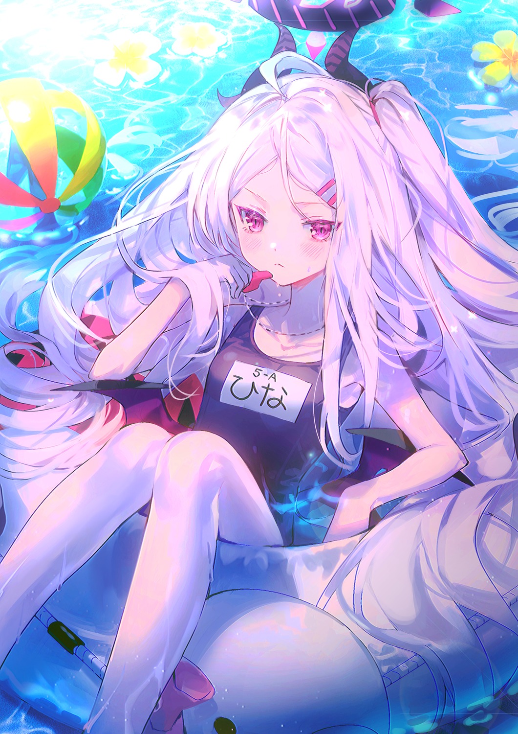 blue_archive, devil, halo, horns, pantyhose, school_swimsuit, siyrgr, sorasaki_hina