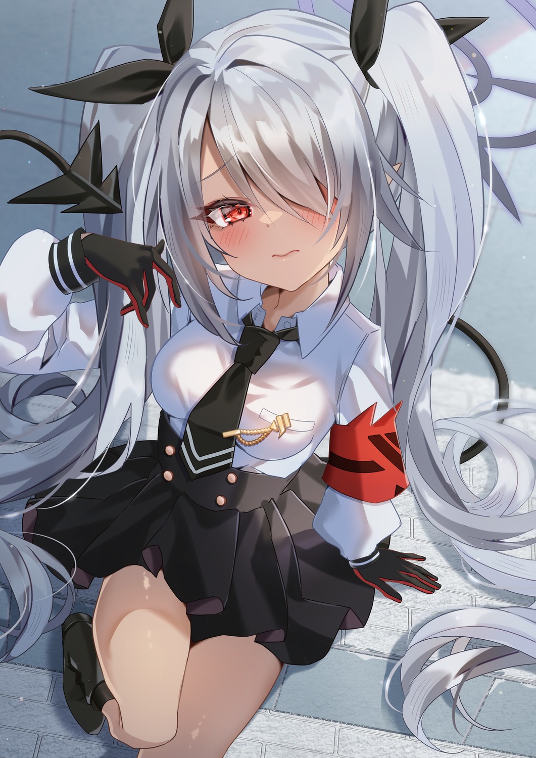 blue_archive, chierishu, halo, pointy_ears, seifuku, shiromi_iori, tail