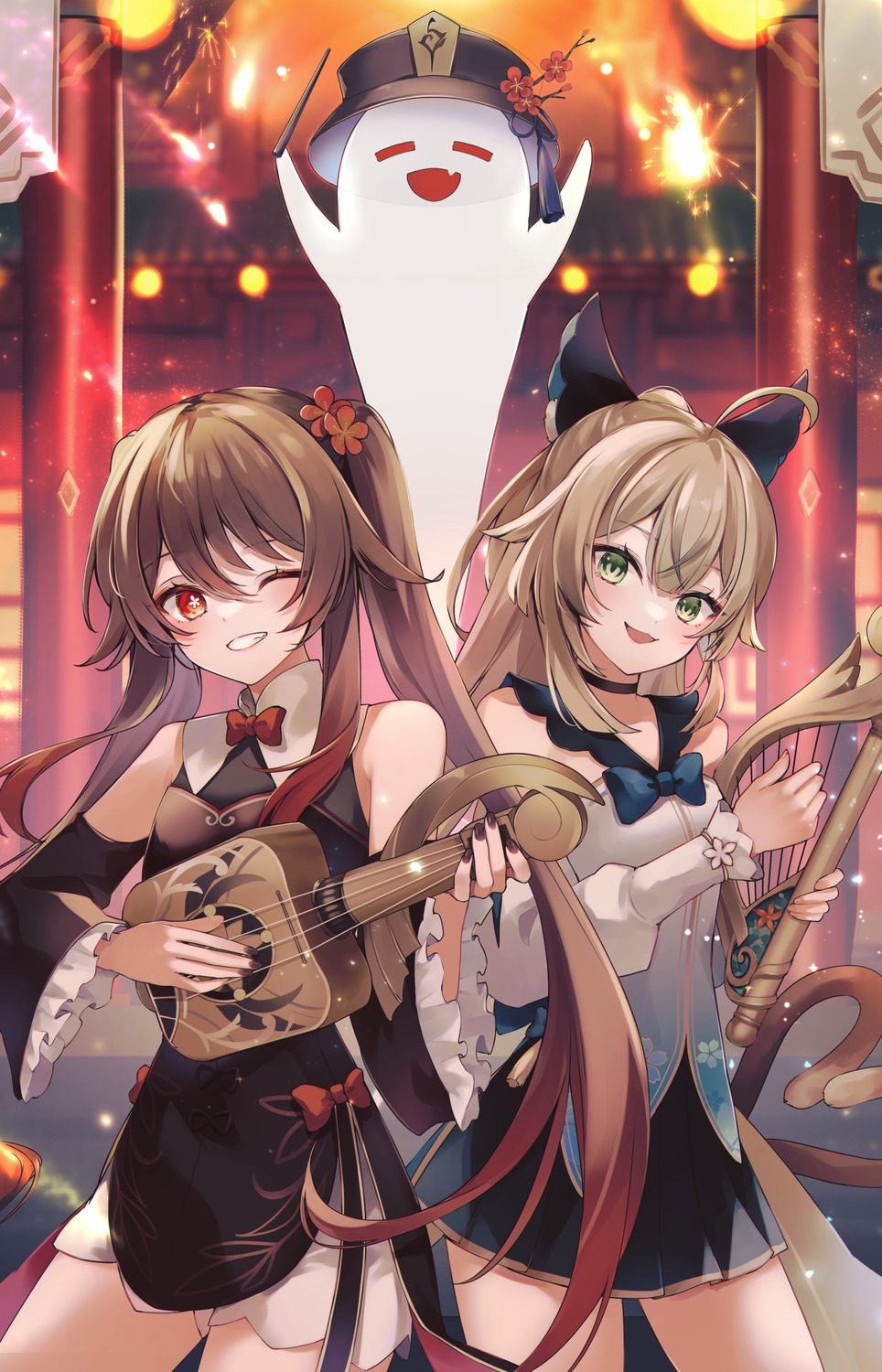 7aka_ne11, animal_ears, asian_clothes, genshin_impact, hu_tao, kirara_(genshin_impact), nekomimi, tail