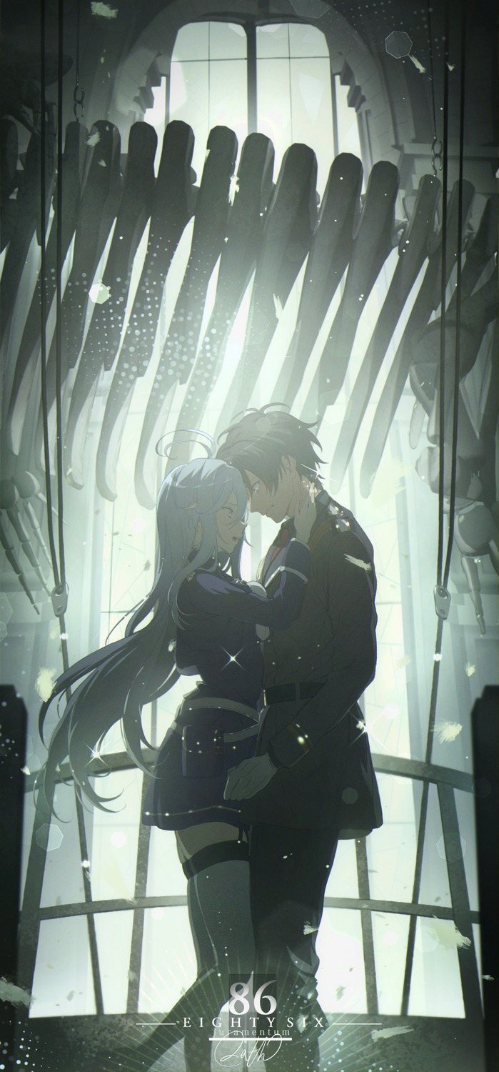 86_-eighty_six-, kagura_kurosaki, shinei_nouzen, stockings, thighhighs, uniform, vladilena_milize