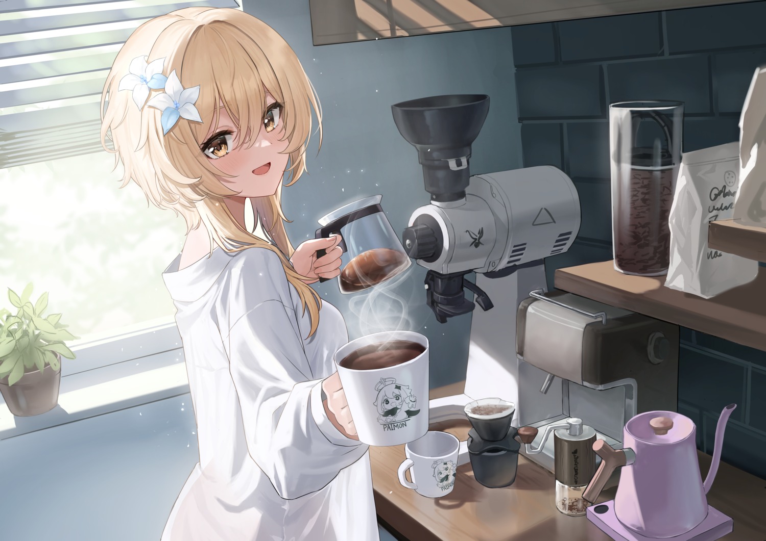 ayul, dress_shirt, genshin_impact, lumine, see_through