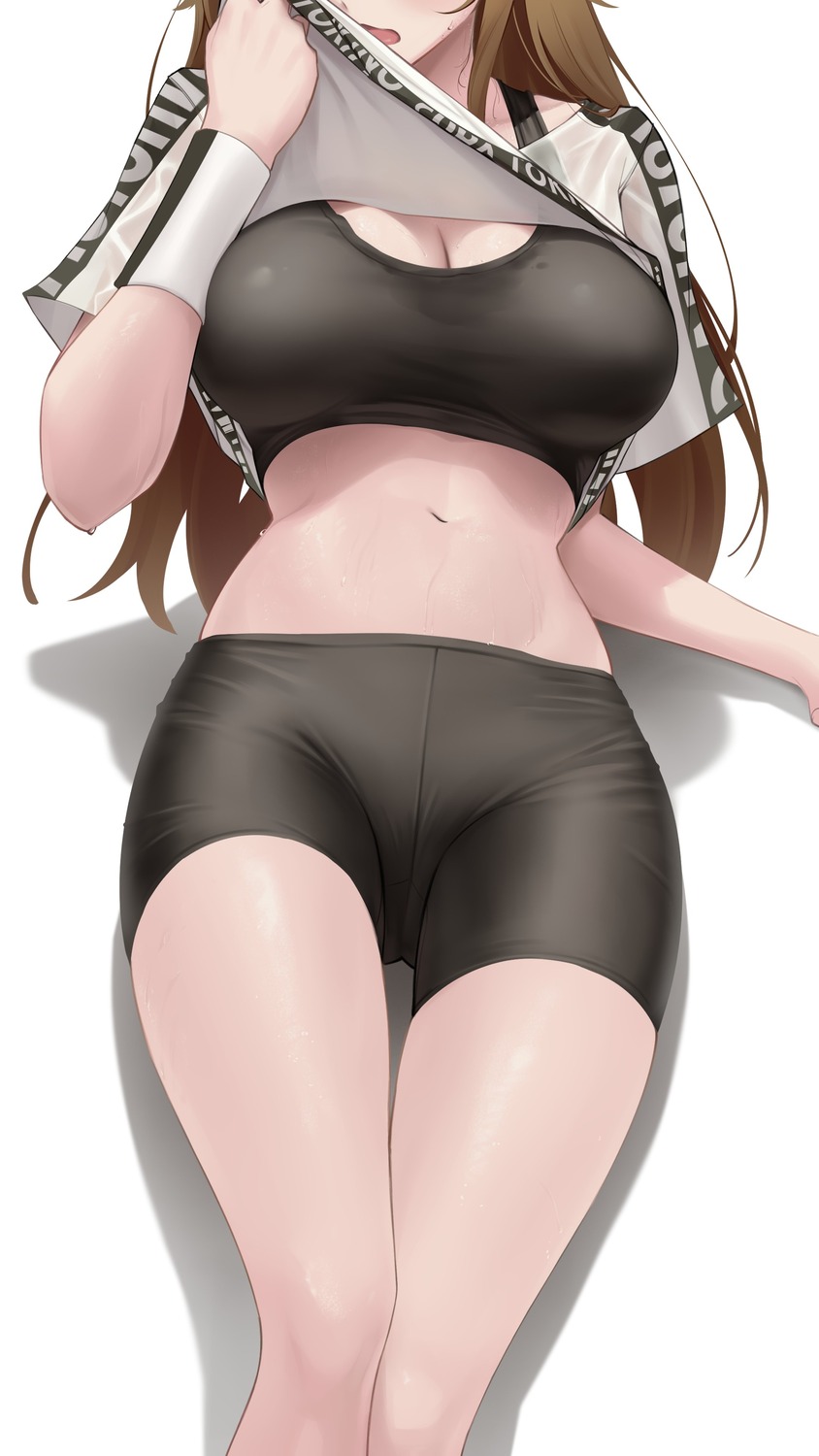 bike_shorts, bra, cleavage, gym_uniform, hololive, see_through, shirt_lift, somebody_(leiking00), tokino_sora, undressing, wet
