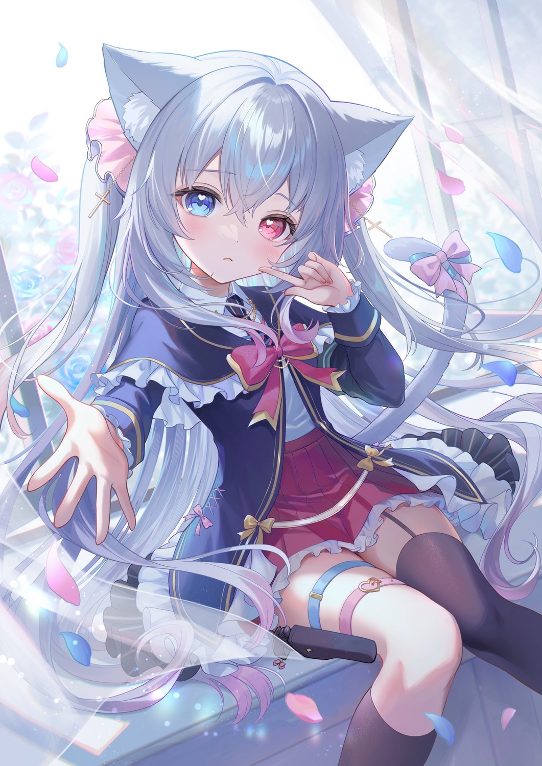 animal_ears, garter, gun, heterochromia, hiiragi_soyogi, indie_virtual_youtuber, kanzaki_ririka, nekomimi, seifuku, stockings, tail, thighhighs