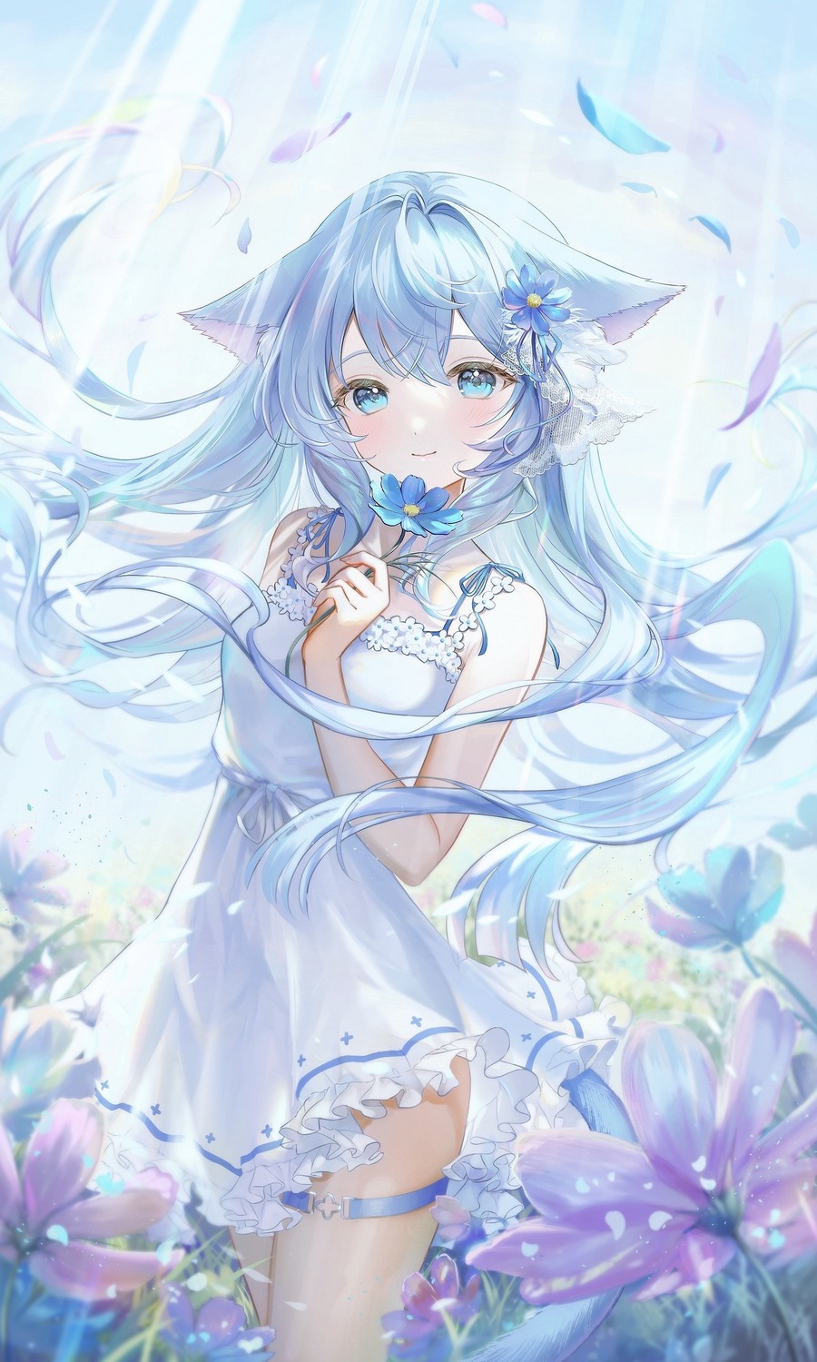 animal_ears, dress, garter, hiiragi_soyogi, jpeg_artifacts, nekomimi, see_through, skirt_lift, summer_dress