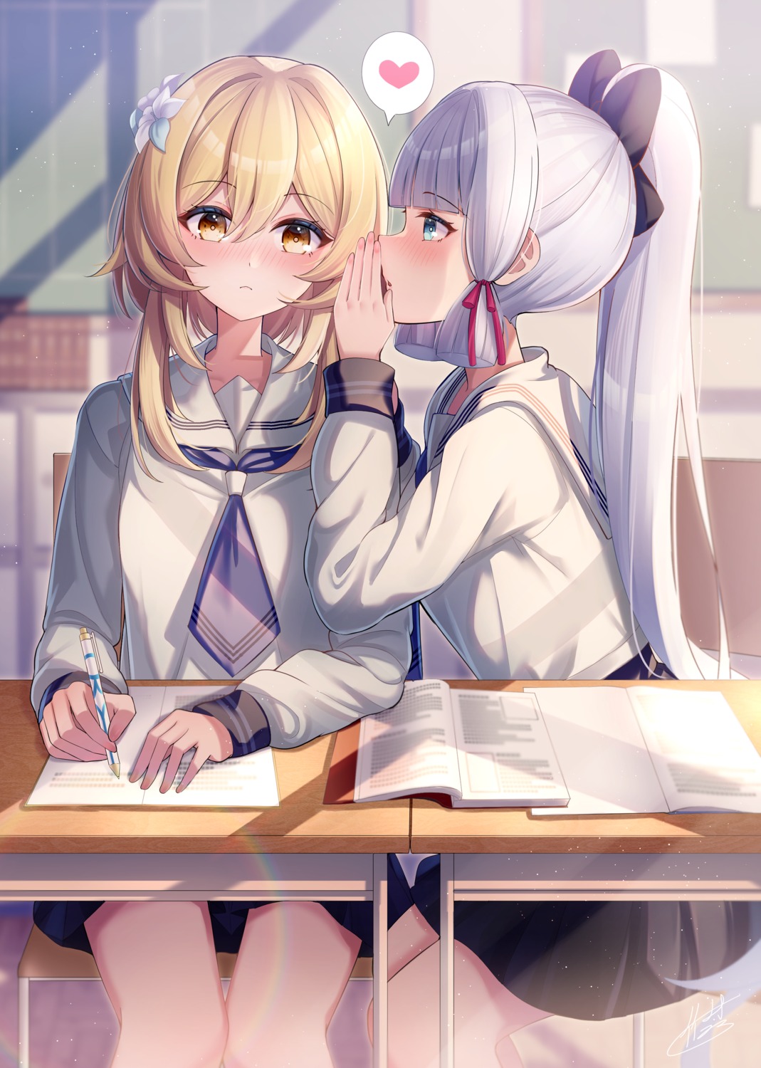 genshin_impact, kamisato_ayaka, lumine, seifuku, takemura_kou, yuri