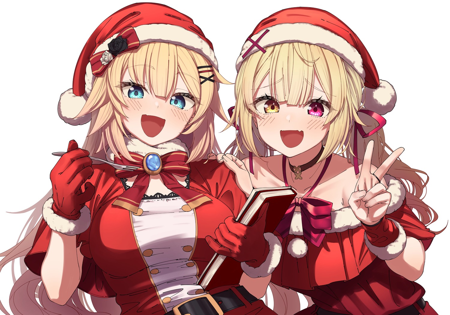 akai_haato, christmas, heterochromia, hololive, hoshikawa_sara, nijisanji, shinomu_(cinomoon)