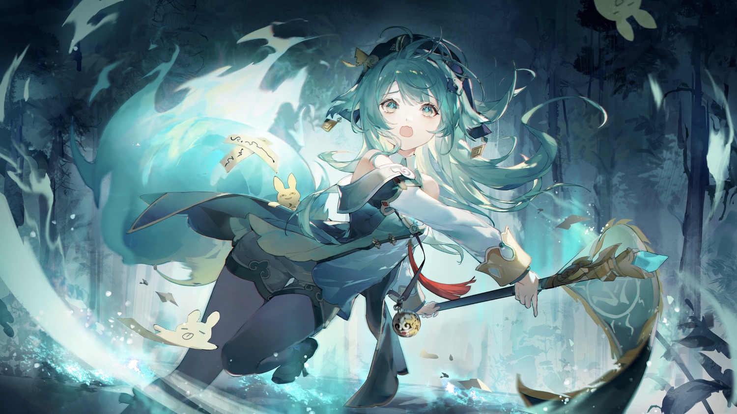 animal_ears, asian_clothes, celina, honkai:_star_rail, huohuo, tail, weapon
