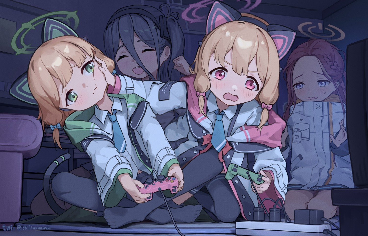 animal_ears, blue_archive, halo, hanaoka_yuzu, headphones, nekomimi, saiba_midori, saiba_momoi