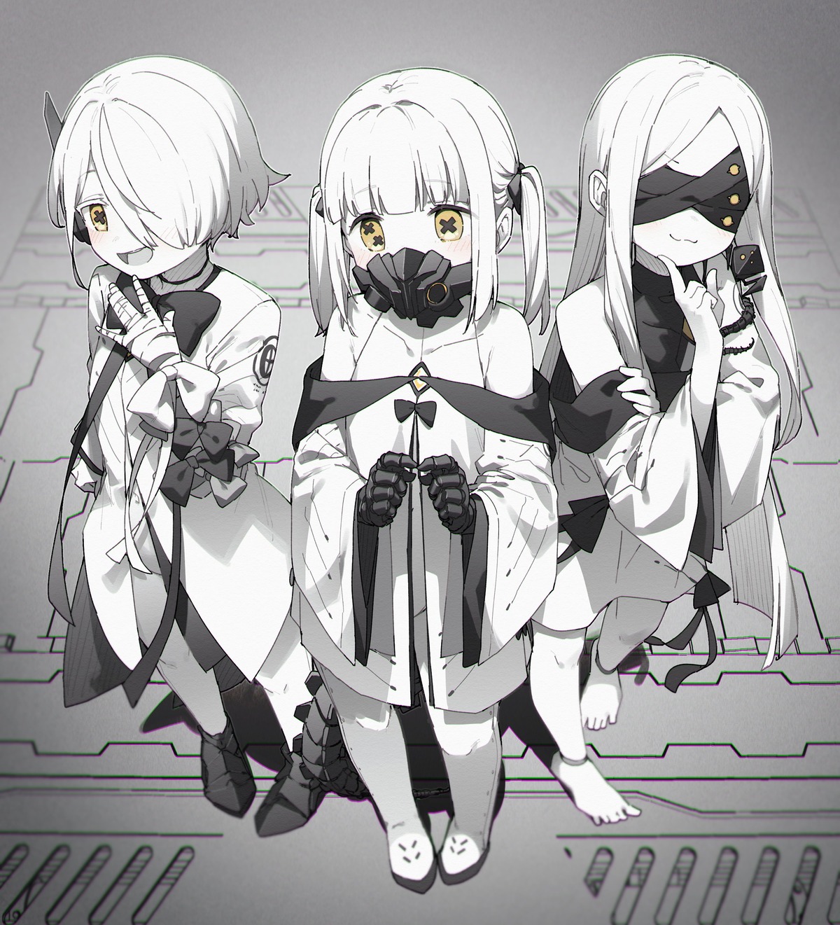 bandages, blue_archive, ein_(blue_archive), kusaka_shi, ohr_(blue_archive), sof_(blue_archive), tail, uniform