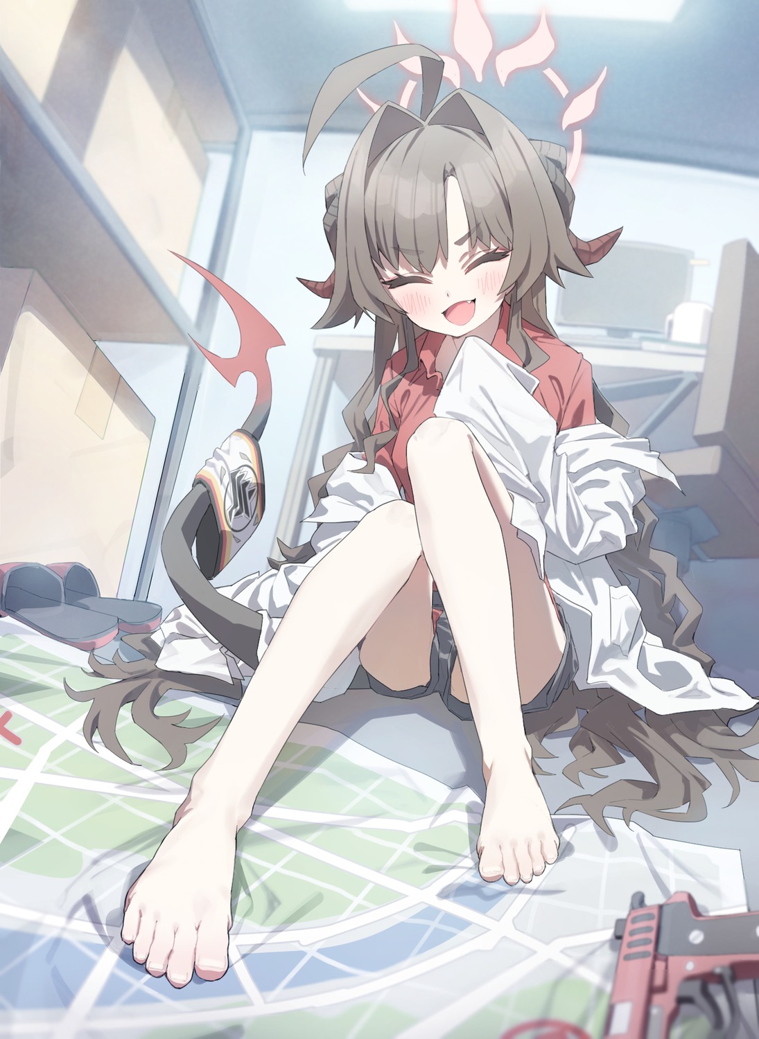 applepie_(12711019), blue_archive, devil, feet, gun, halo, horns, kinugawa_kasumi, seifuku, tail