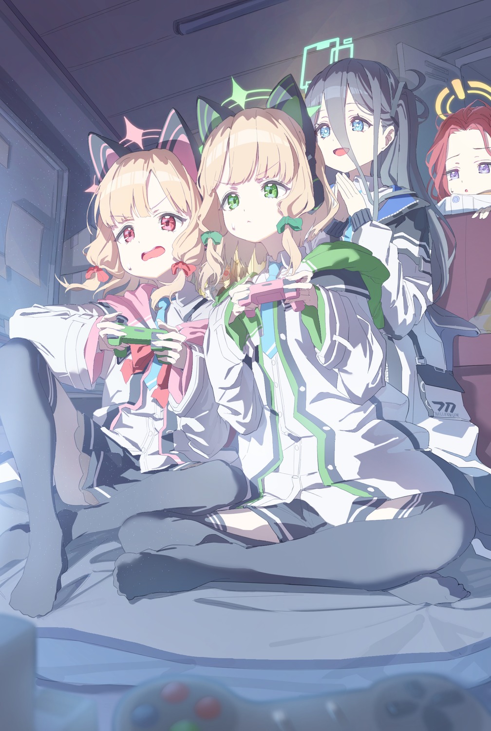 animal_ears, applepie_(12711019), blue_archive, halo, hanaoka_yuzu, headphones, nekomimi, saiba_midori