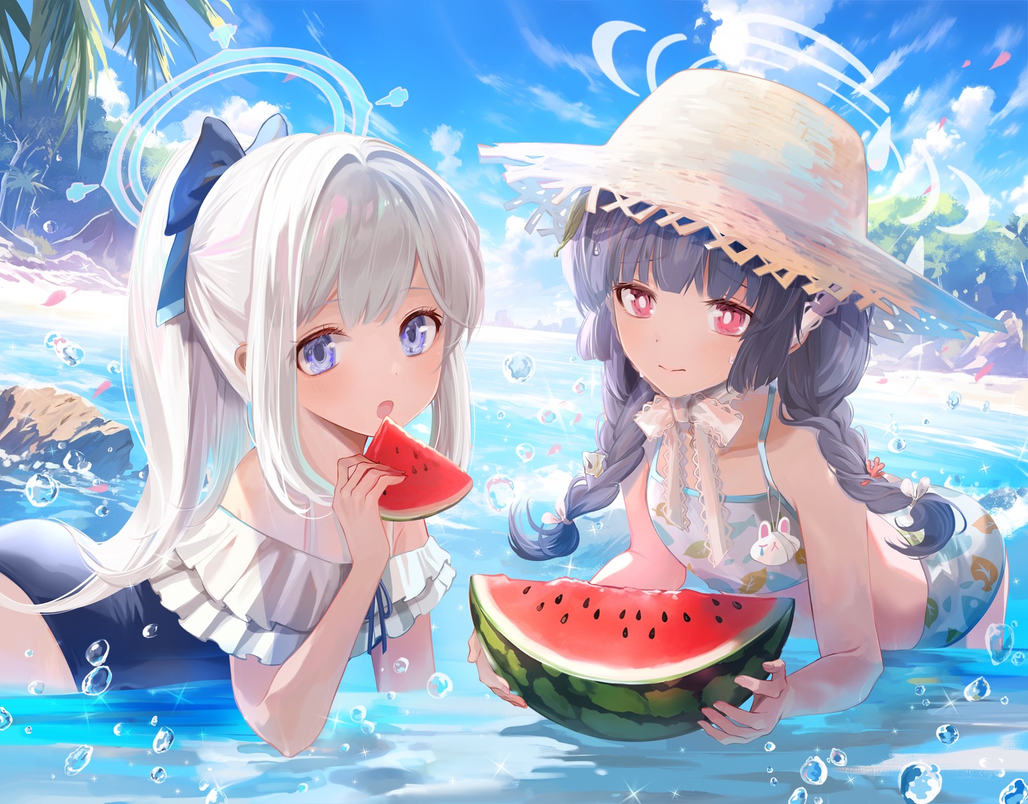 bikini, blue_archive, halo, kasumizawa_miyu, swimsuits, transparent, tsukiyuki_miyako, wet