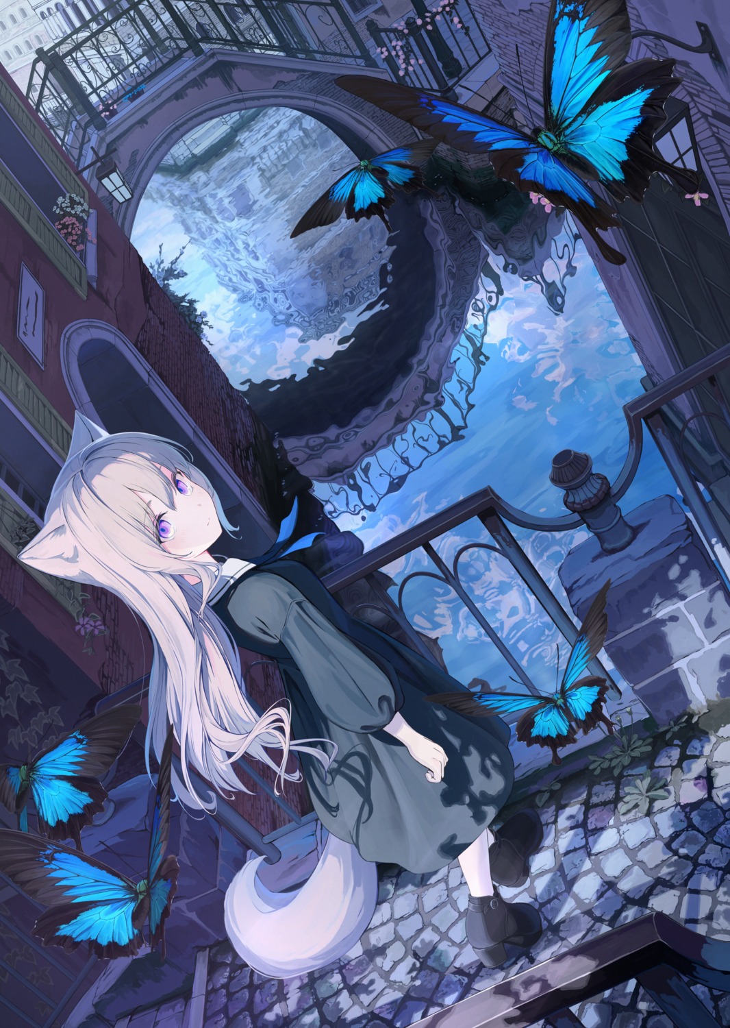 animal_ears, dress, landscape, mikisai, nekomimi, tail