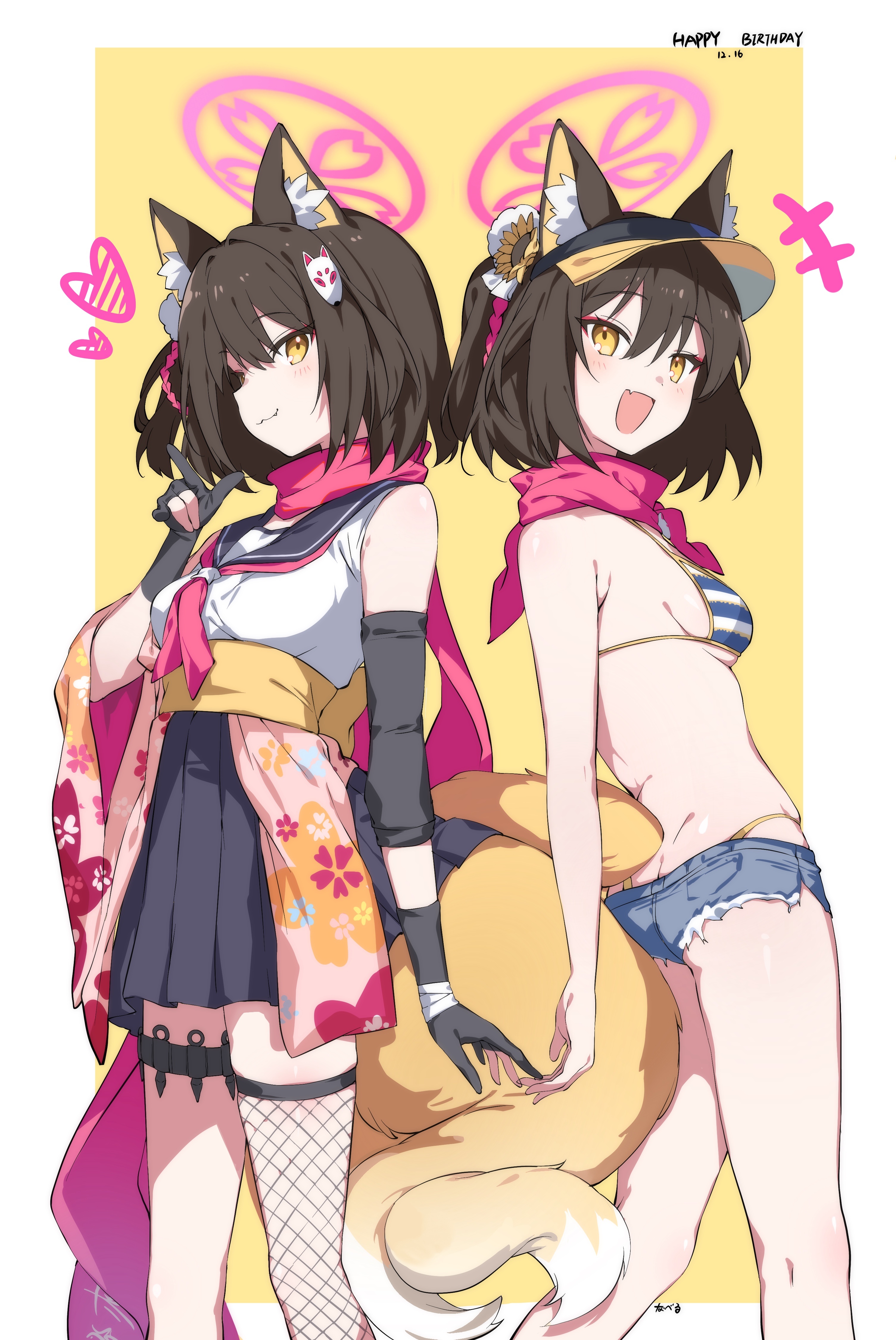 animal_ears, ass, bikini, blue_archive, fishnets, garter, halo, japanese_clothes, kitsune, kuda_izuna, ninja, seifuku, swimsuits, tail, thighhighs, torn_clothes, weapon, you_guo_chaocai