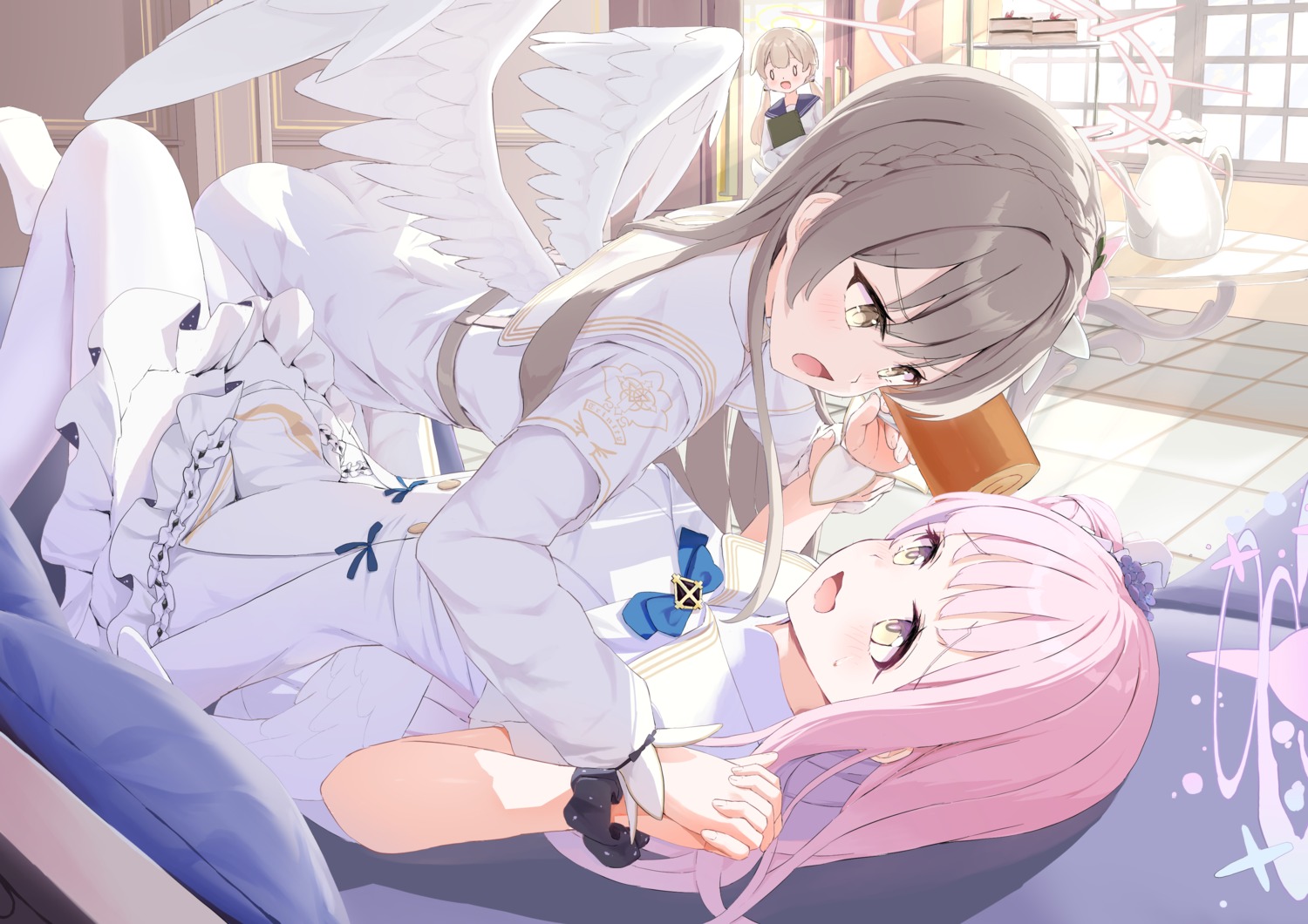 ajitani_hifumi, angel, blue_archive, dress, halo, kirifuji_nagisa, maccya, misono_mika, seifuku, wings