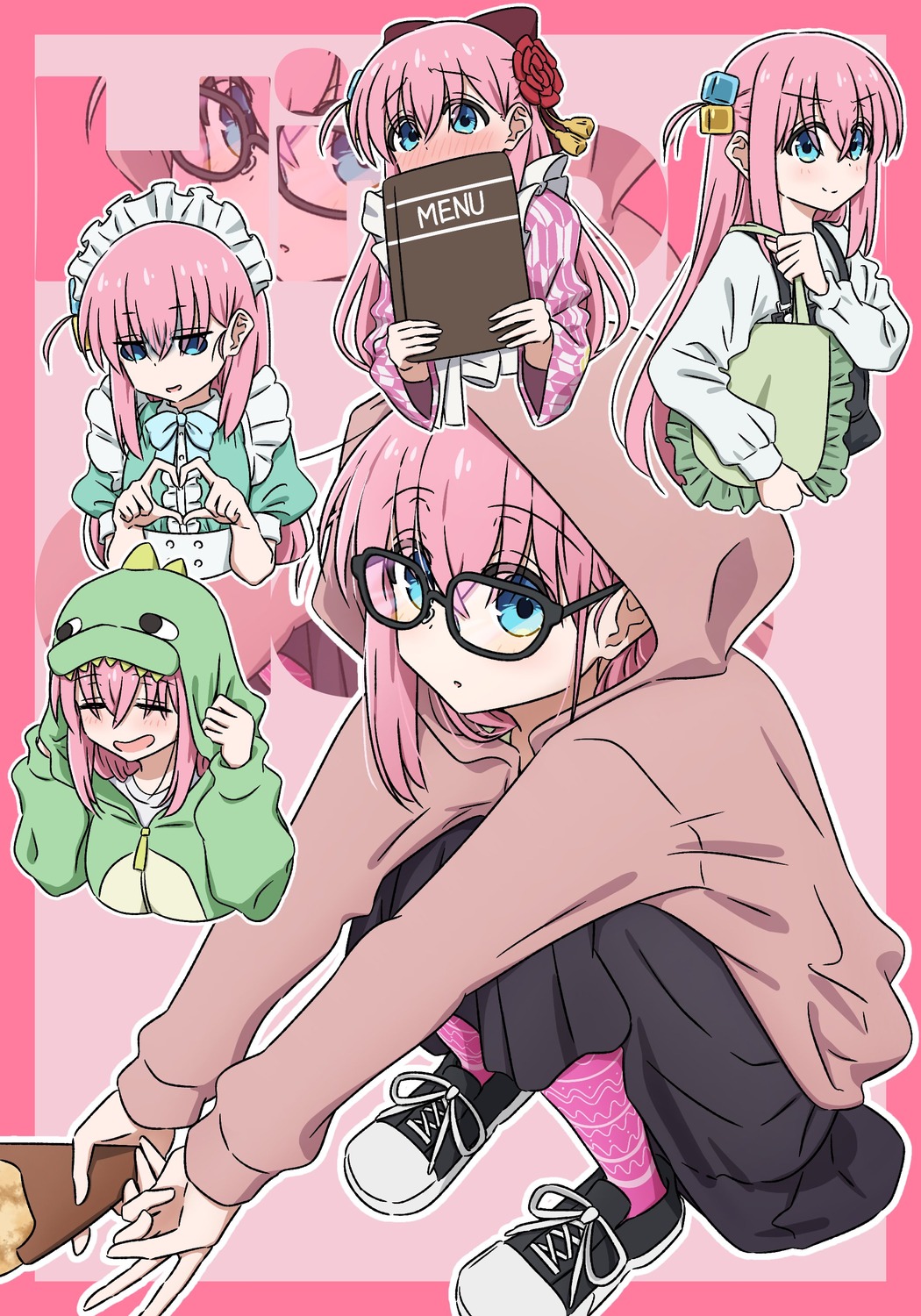 bocchi_the_rock!, gotou_hitori, maid, megane, oekaki_bibbi, pajama, pantyhose, wa_maid