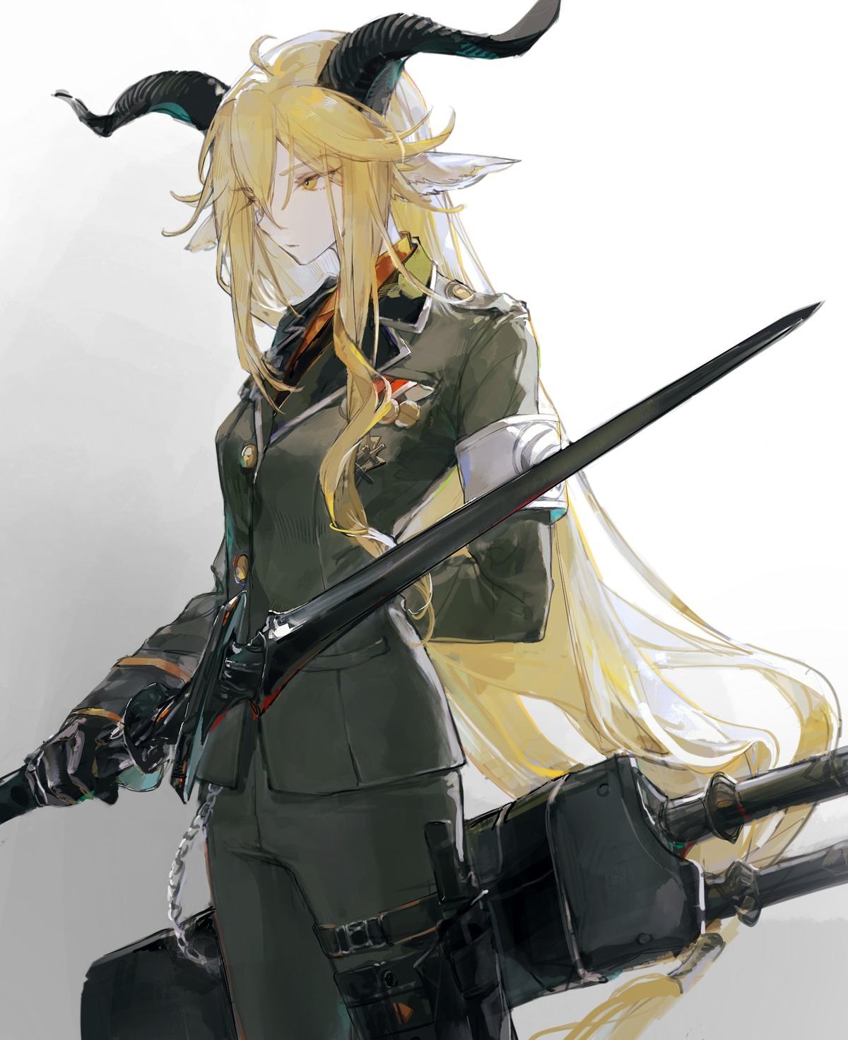 animal_ears, arknights, degenbrecher_(arknights), garter, horns, jiaowohuahua, sword, uniform, weapon