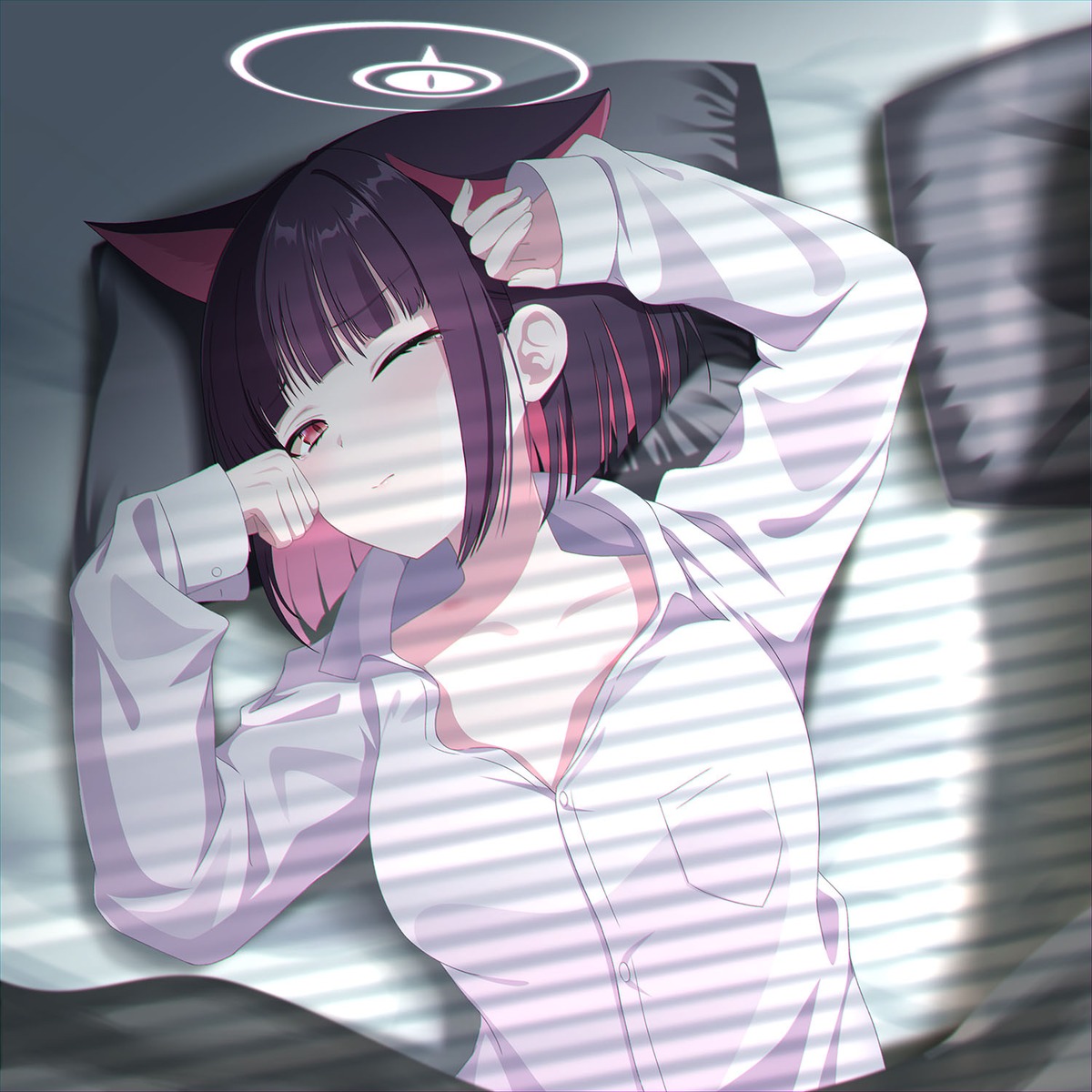 animal_ears, blue_archive, dress_shirt, eko, halo, kyouyama_kazusa, nekomimi, open_shirt