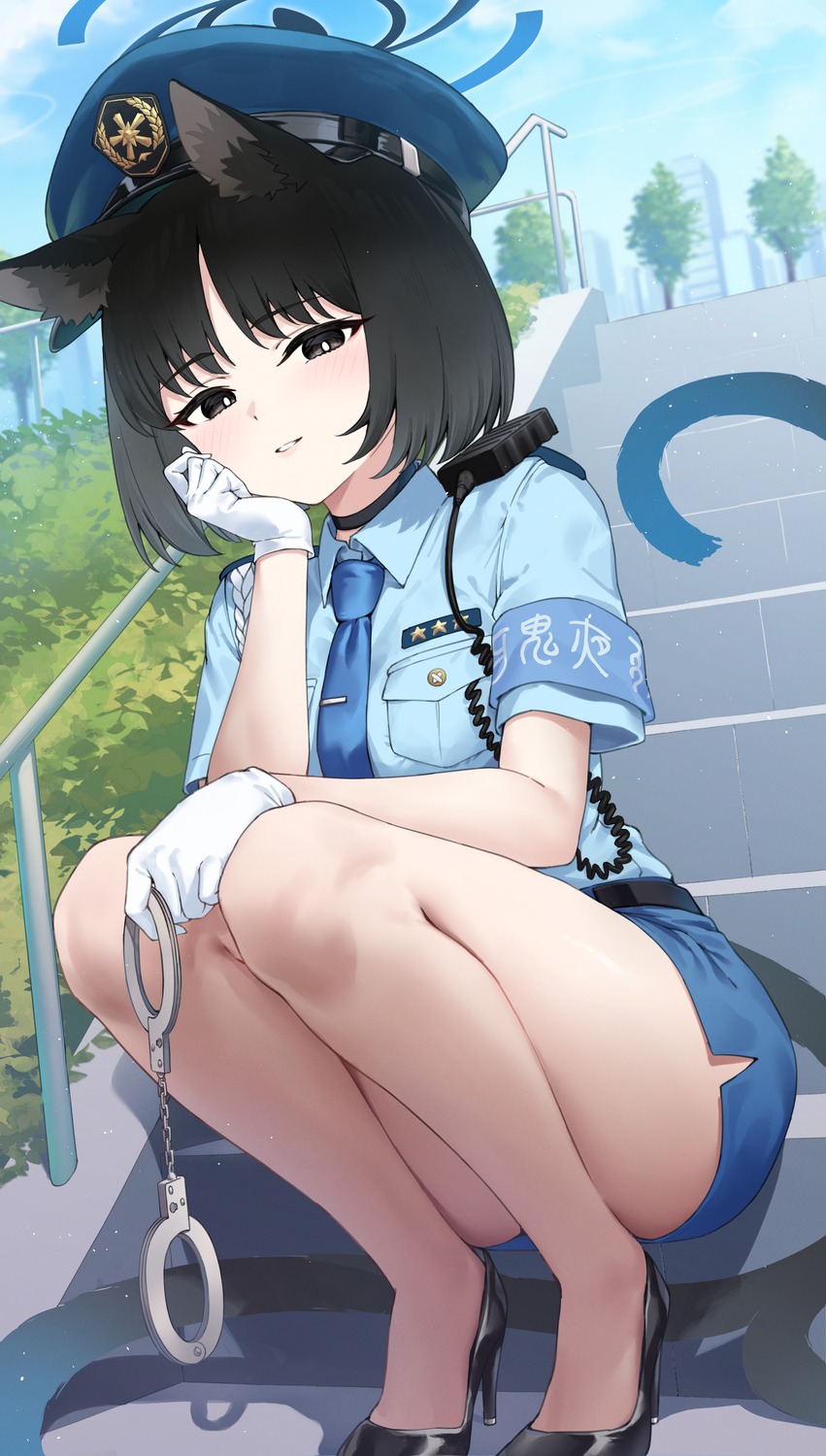 animal_ears, blue_archive, halo, heels, kiryuu_kikyou, nekomimi, pizza_(artist), police_uniform, tail