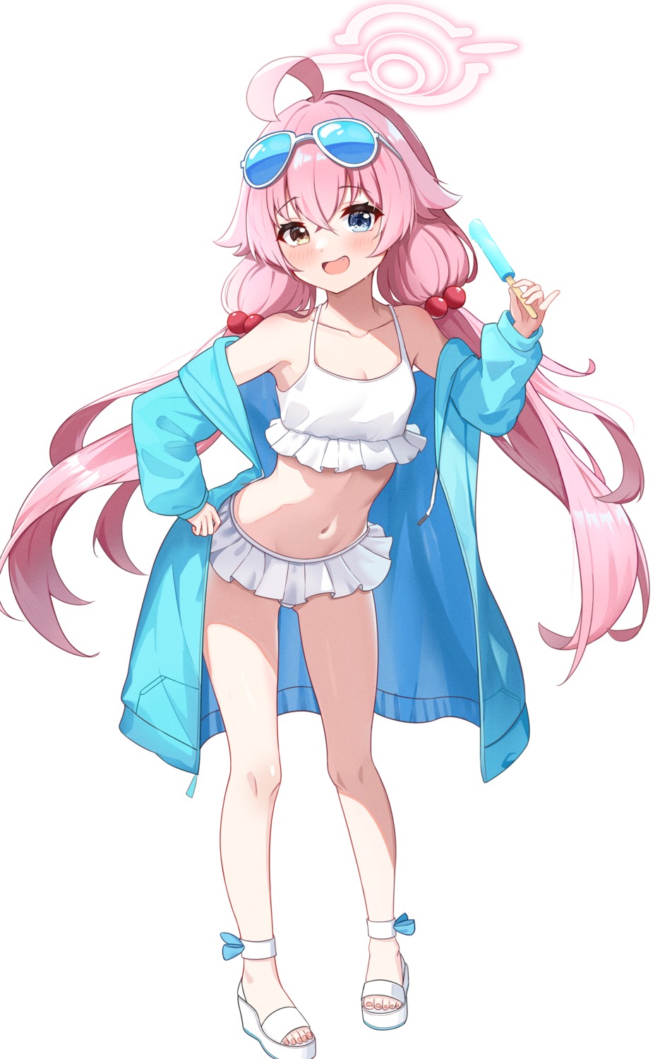 bikini, blue_archive, exusiai_dust, halo, heterochromia, megane, open_shirt, swimsuits