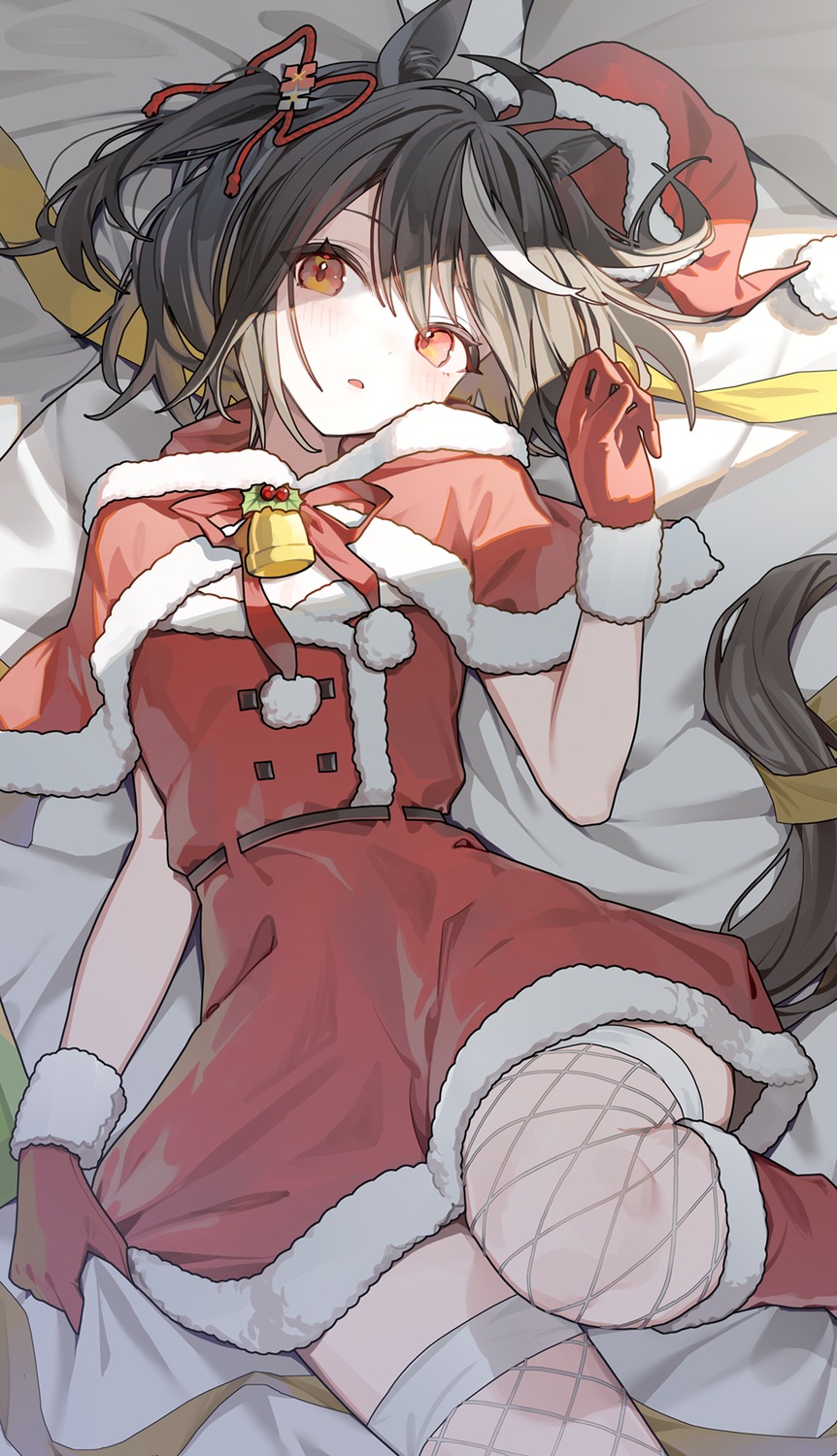 animal_ears, christmas, dress, fishnets, kitasan_black_(umamusume), ningen_mame, tail, thighhighs, uma_musume_pretty_derby