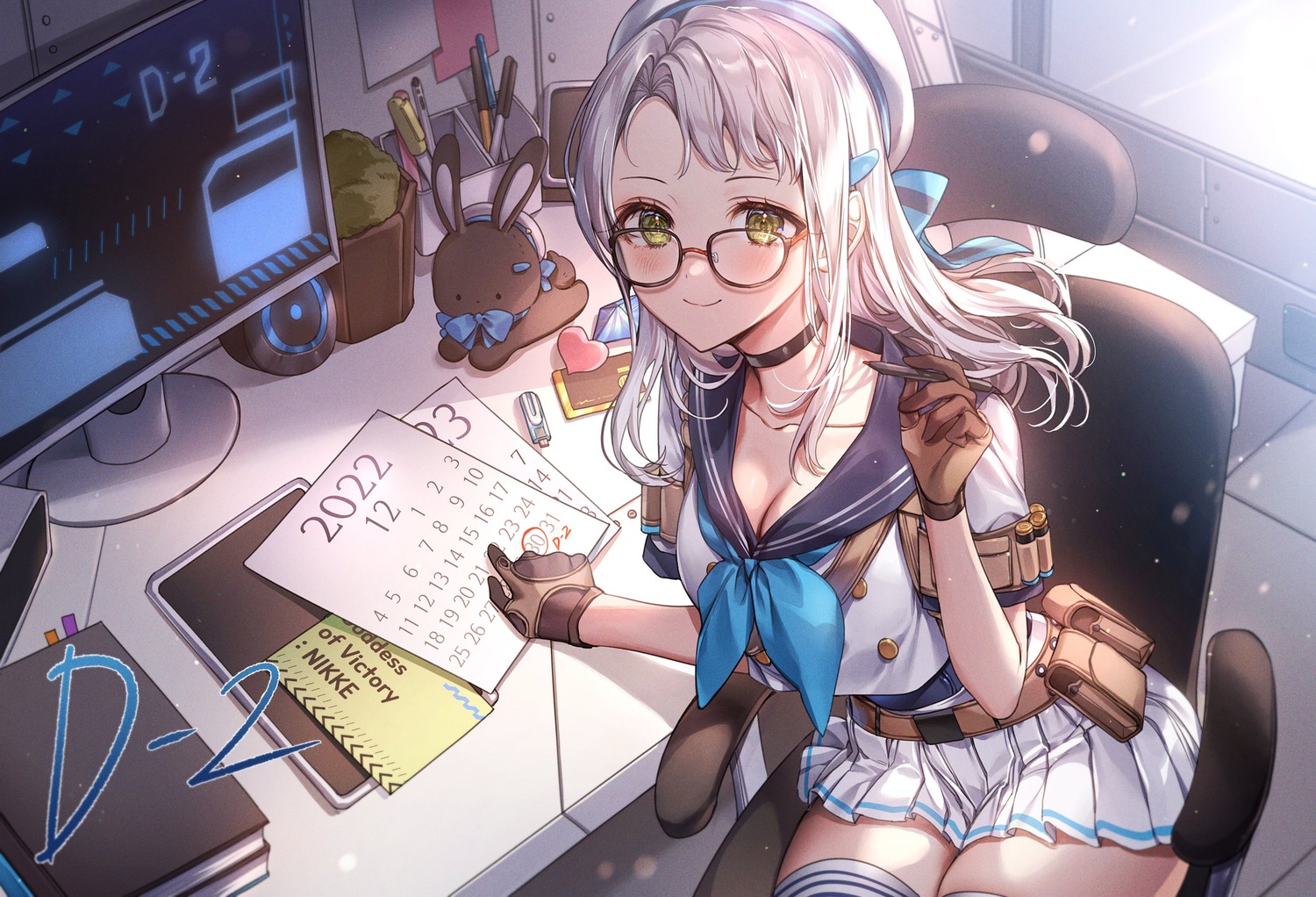 cleavage, goddess_of_victory:_nikke, megane, neon_(nikke), pillo, seifuku, thighhighs