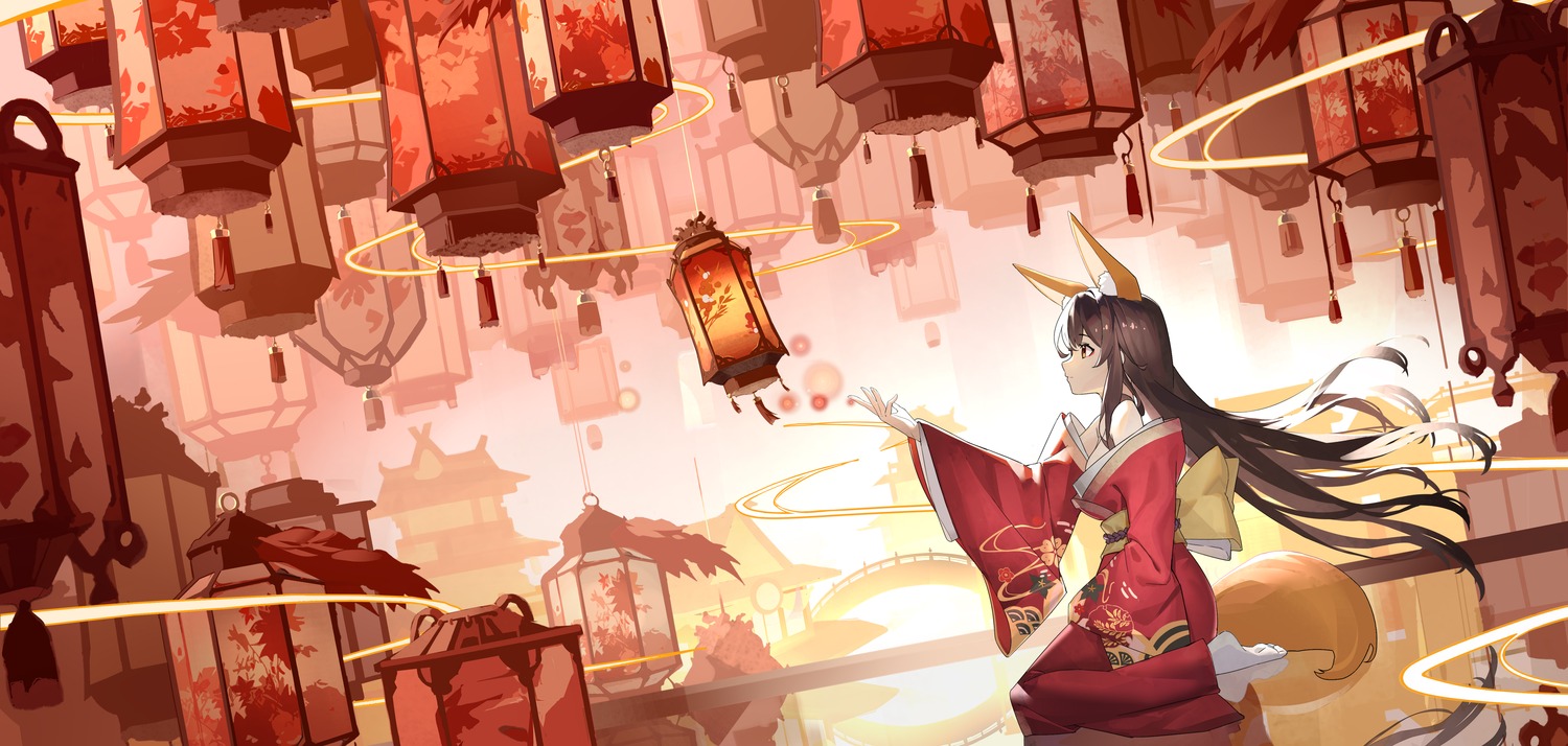animal_ears, japanese_clothes, kitsune, landscape, mouma, tail