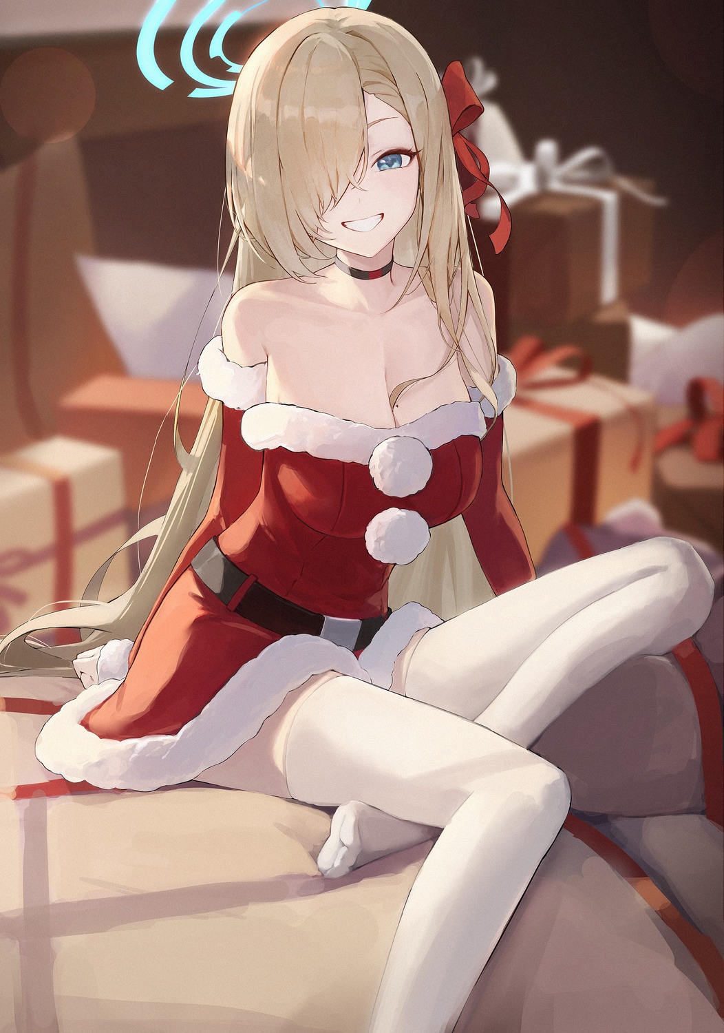 blue_archive, christmas, cleavage, dress, halo, ichinose_asuna, jiang_zhuti_jiojio, no_bra