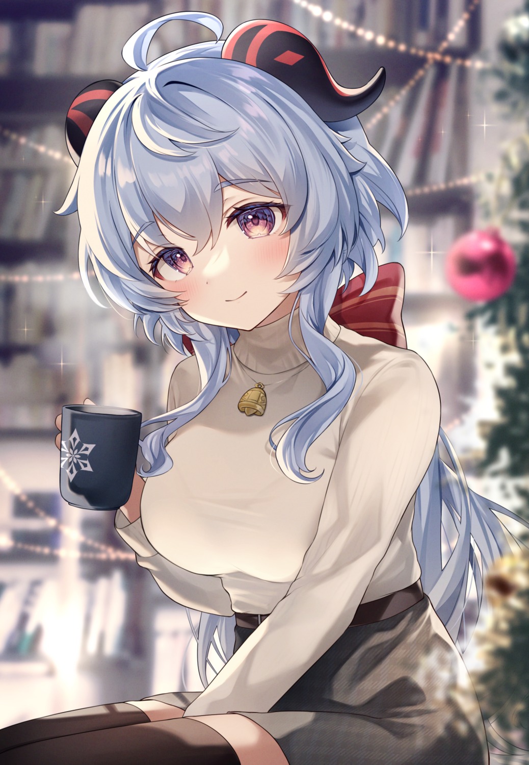 christmas, ganyu, genshin_impact, gyozanuko, horns, sweater, thighhighs
